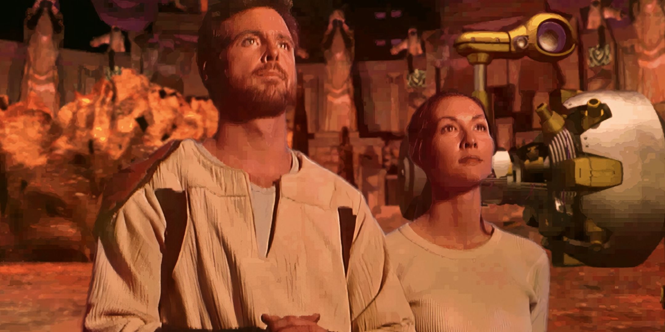 Kyle Katarn and Jan Ors looking up at the end of Star Wars Jedi Knight: Dark Forces 2.