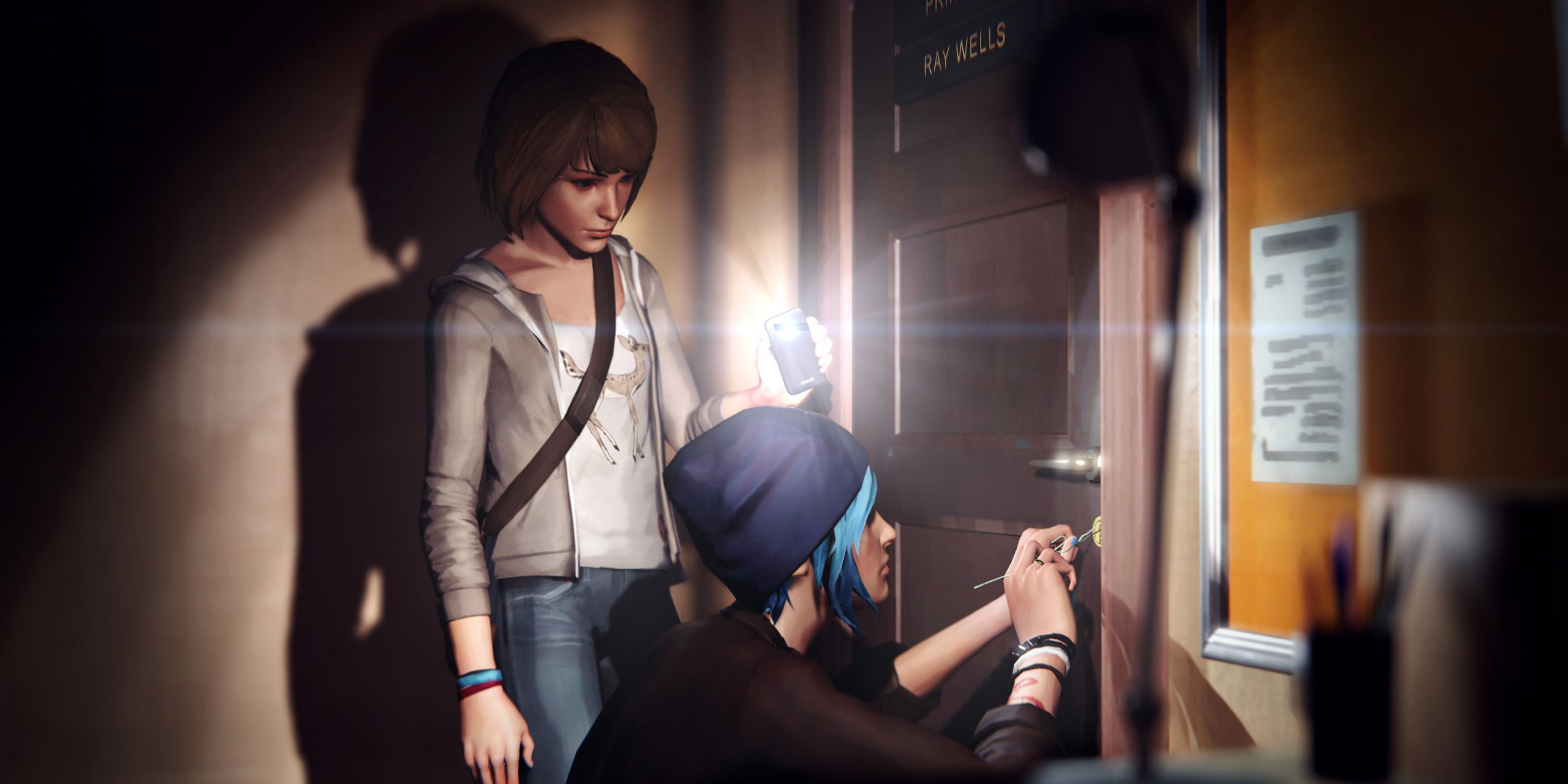 A screenshot of Life is Strange, in which Chloe lockpicks her way into the principal's office while Max watches.