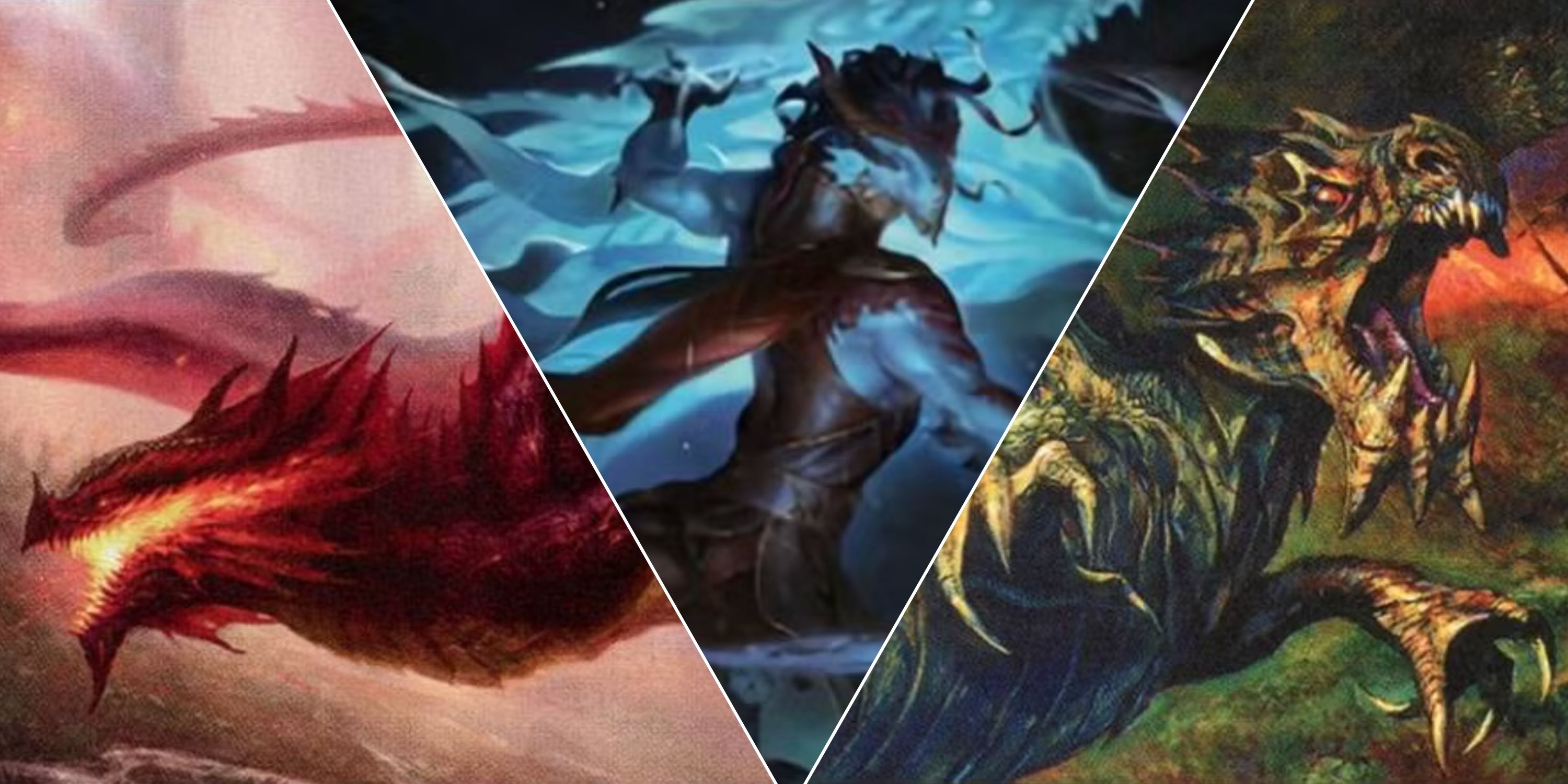 Magic The Gathering collage image of three Dragon-Tribal Commanders