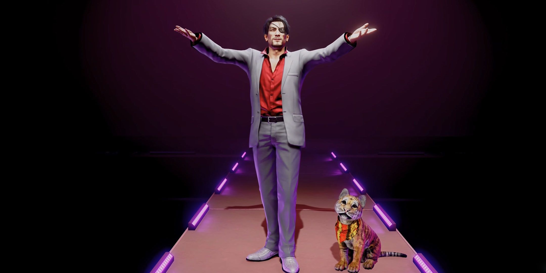 Majima in Kiryu's outfit and Goro the tiger in Like a Dragon Pirate Yakuza in Hawaii.