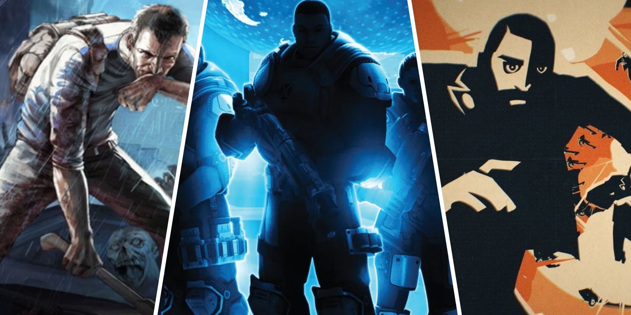 Three games side by side in a collage of games that make losing fun featuring Deathloop.