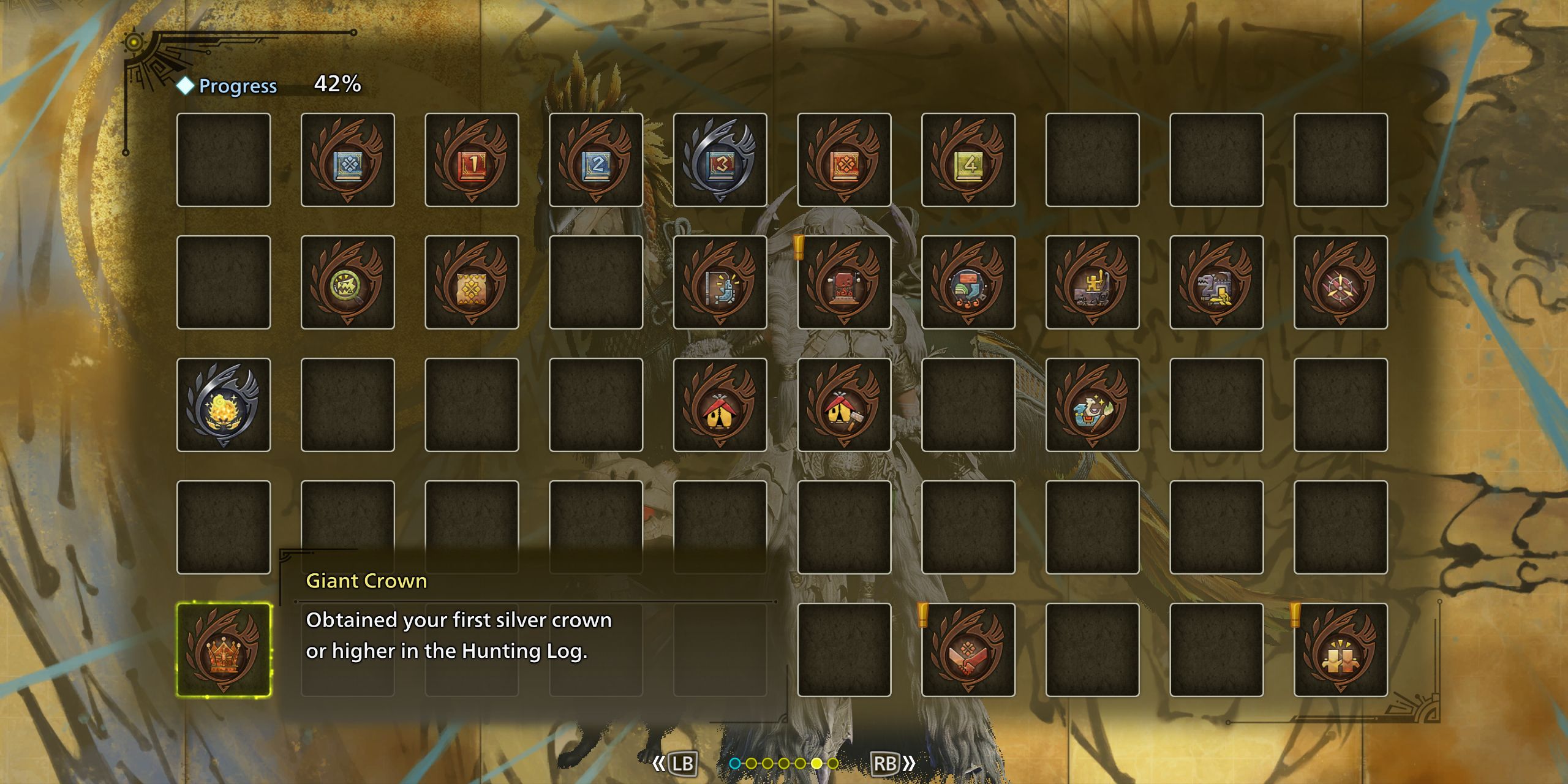 The Achievements menu showing finished and unfinished achievements in Monster Hunter Wilds.