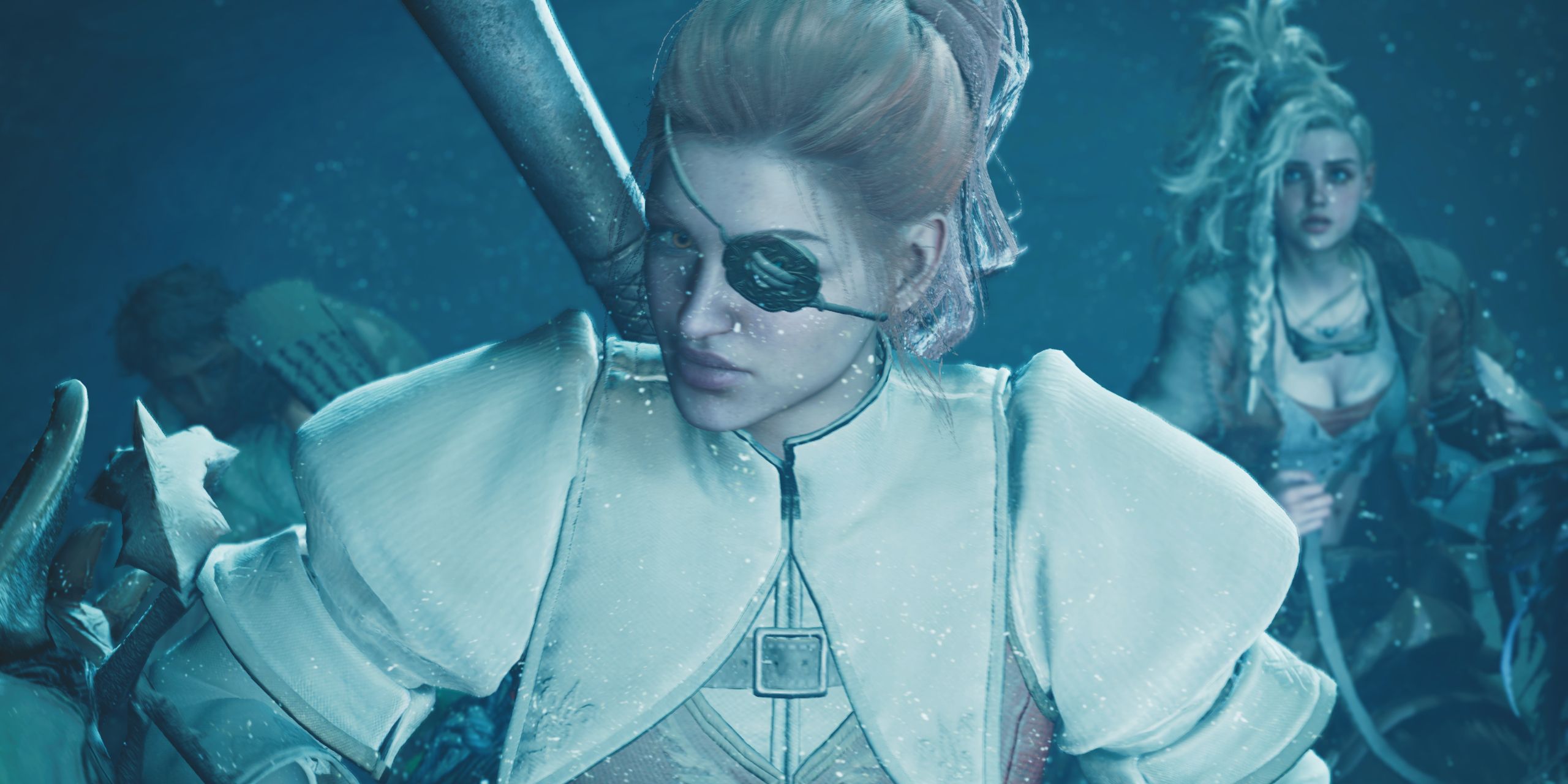 Nata, the Hunter, and Gemma looking at the camera in Monster Hunter Wilds.