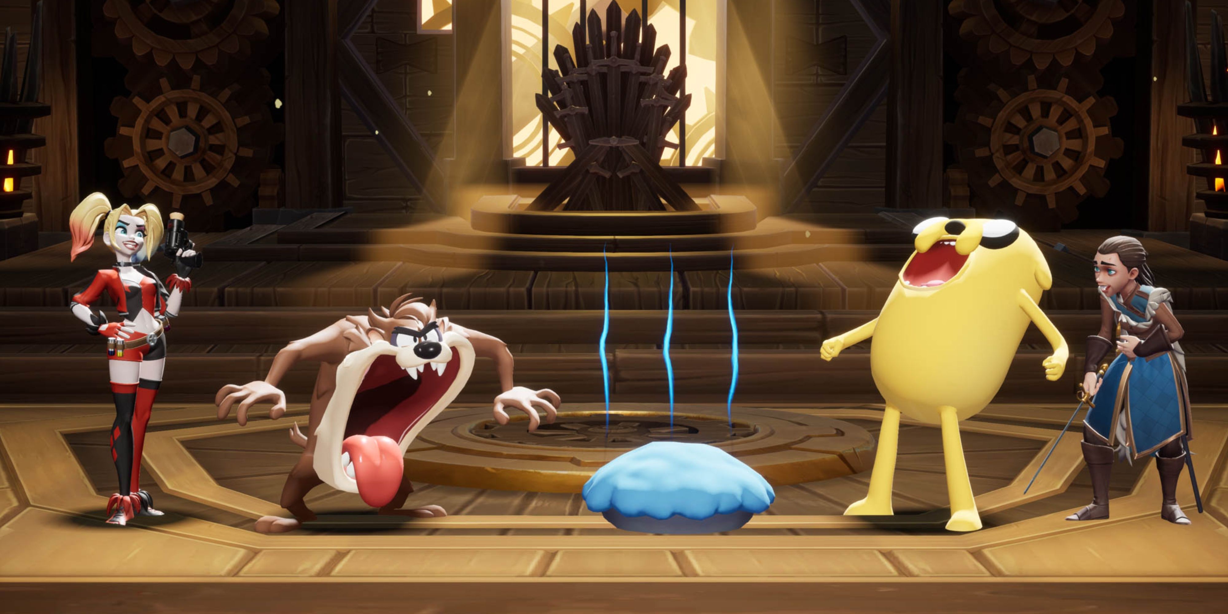 harley quinn, taz, jake, and arya stark in multiversus.