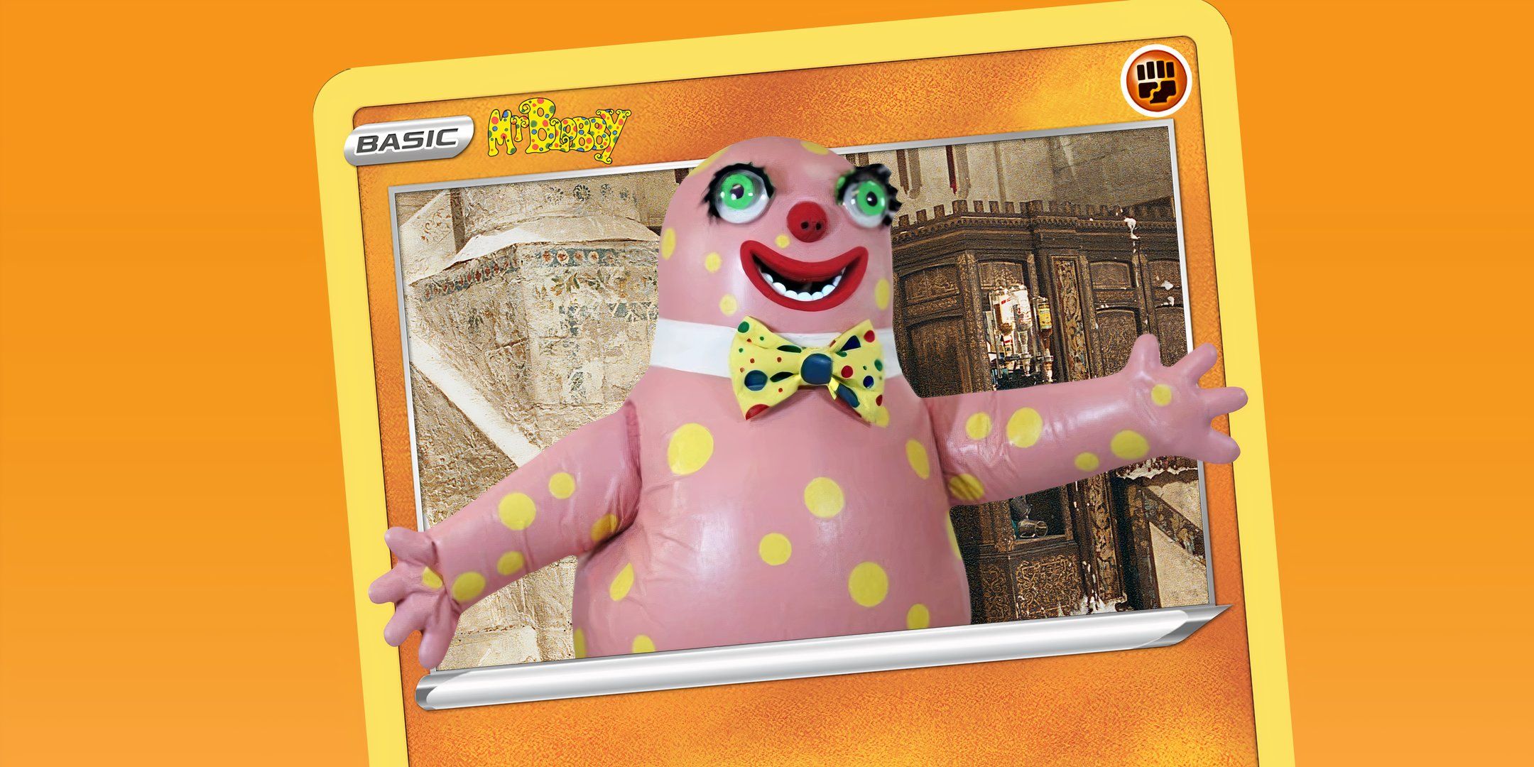 Mr Blobby as a Pokemon TCG card.