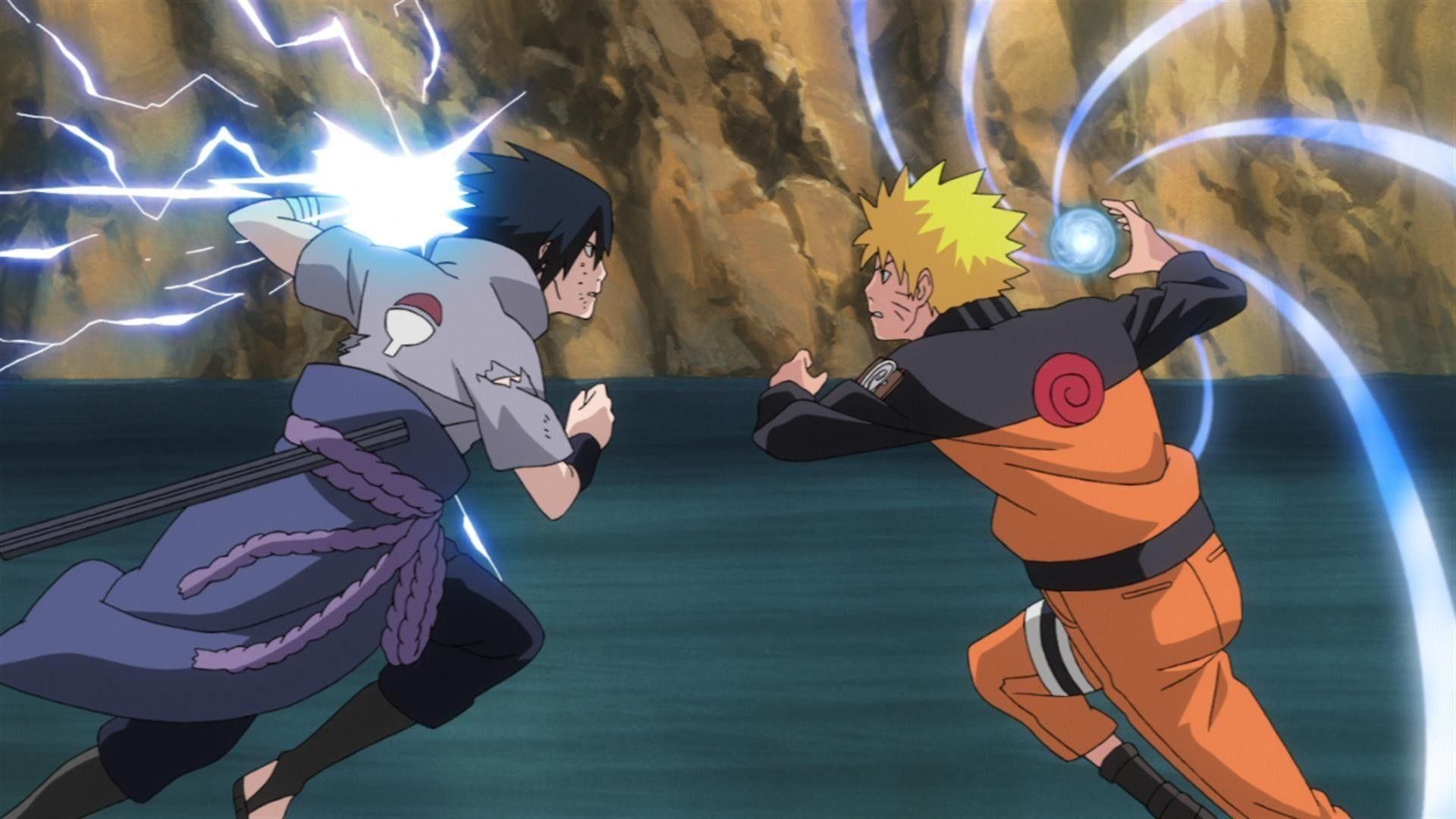 Naruto and Sasuke about to punch each other in Naruto.