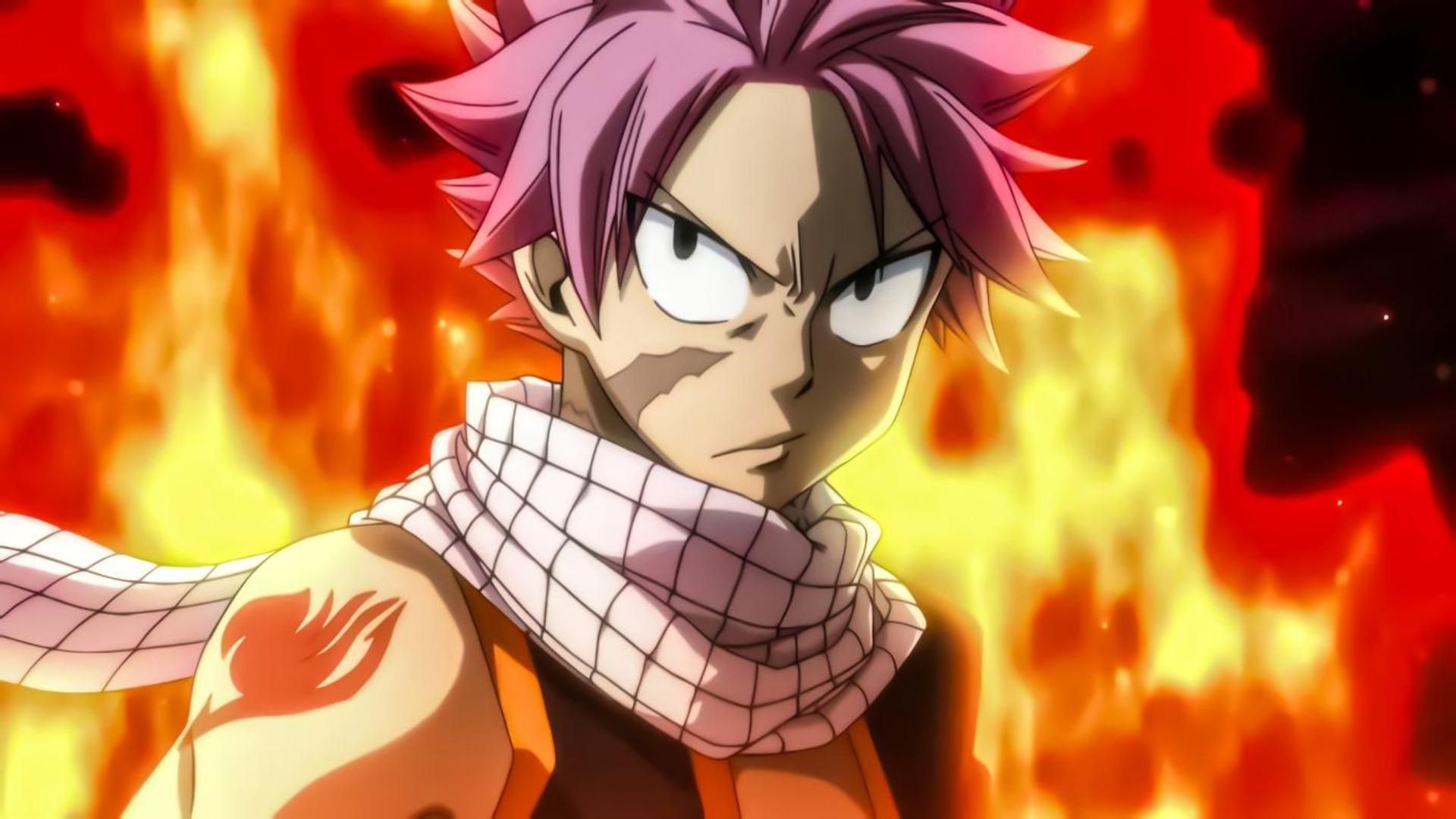 Natsu Dragneel staring menacingly in Fairy Tail.