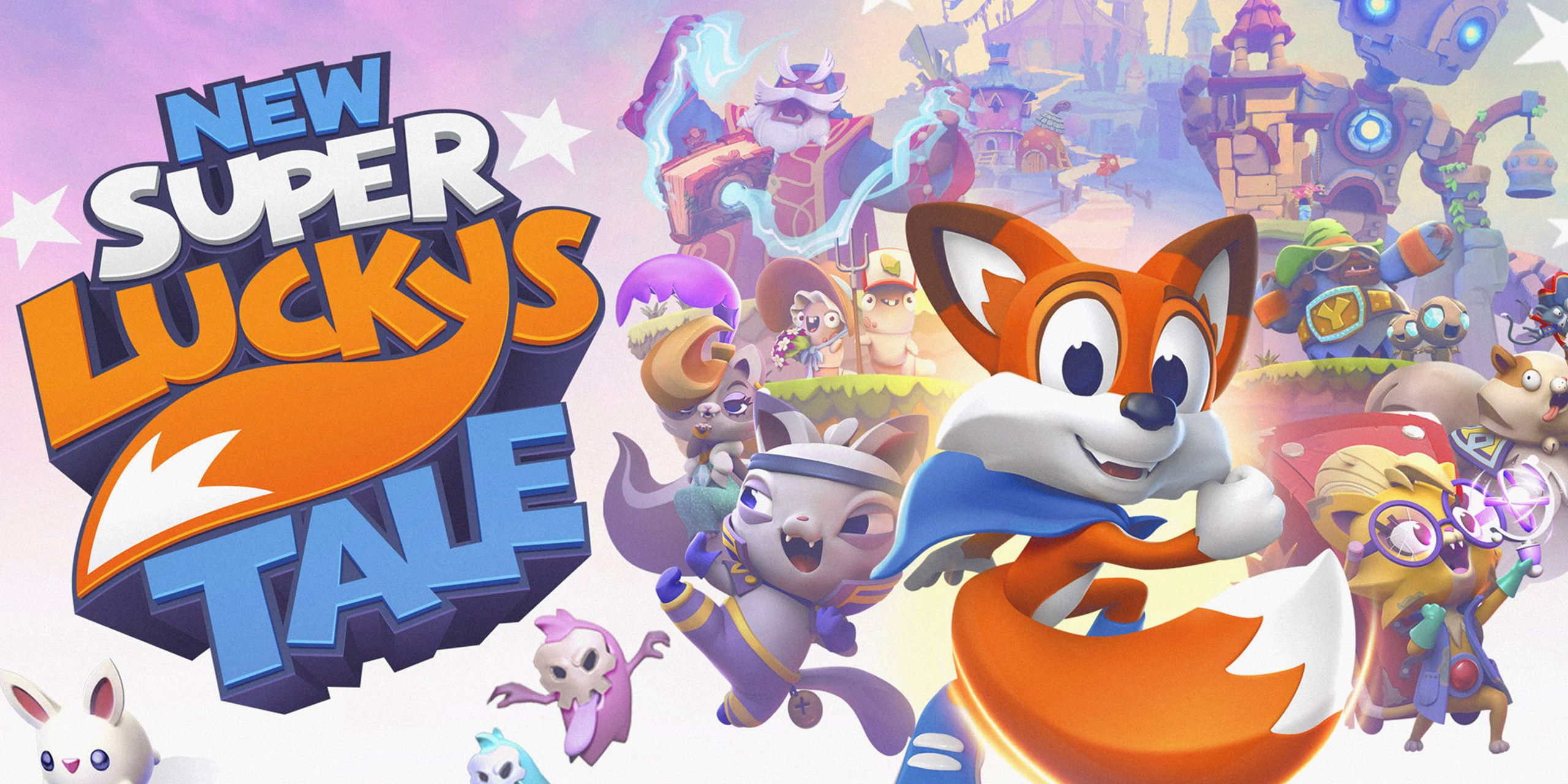 Cover art for New Super Lucky's Tale, showing Lucky in front of the main cast.