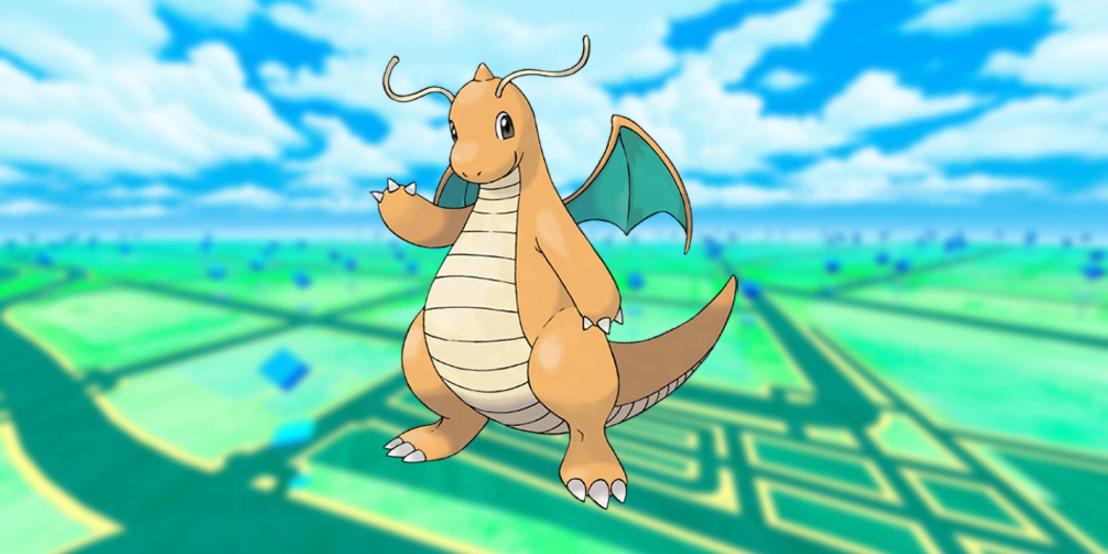 Official artwork of Dragonite from Pokmeon Go.
