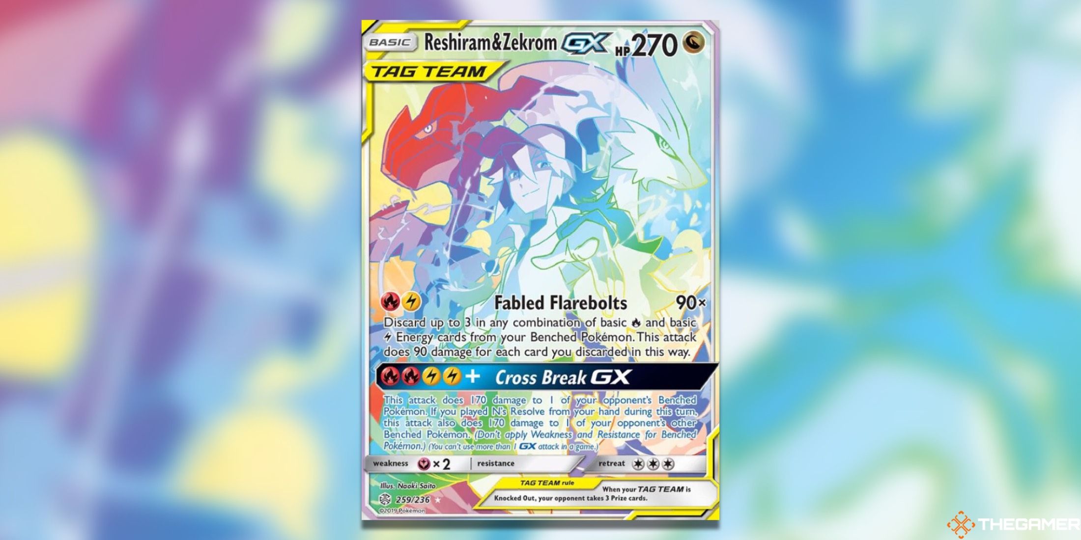 The Cosmic Eclipse Reshiram Zekrom GX Secret Rare from the Pokemon TCG.