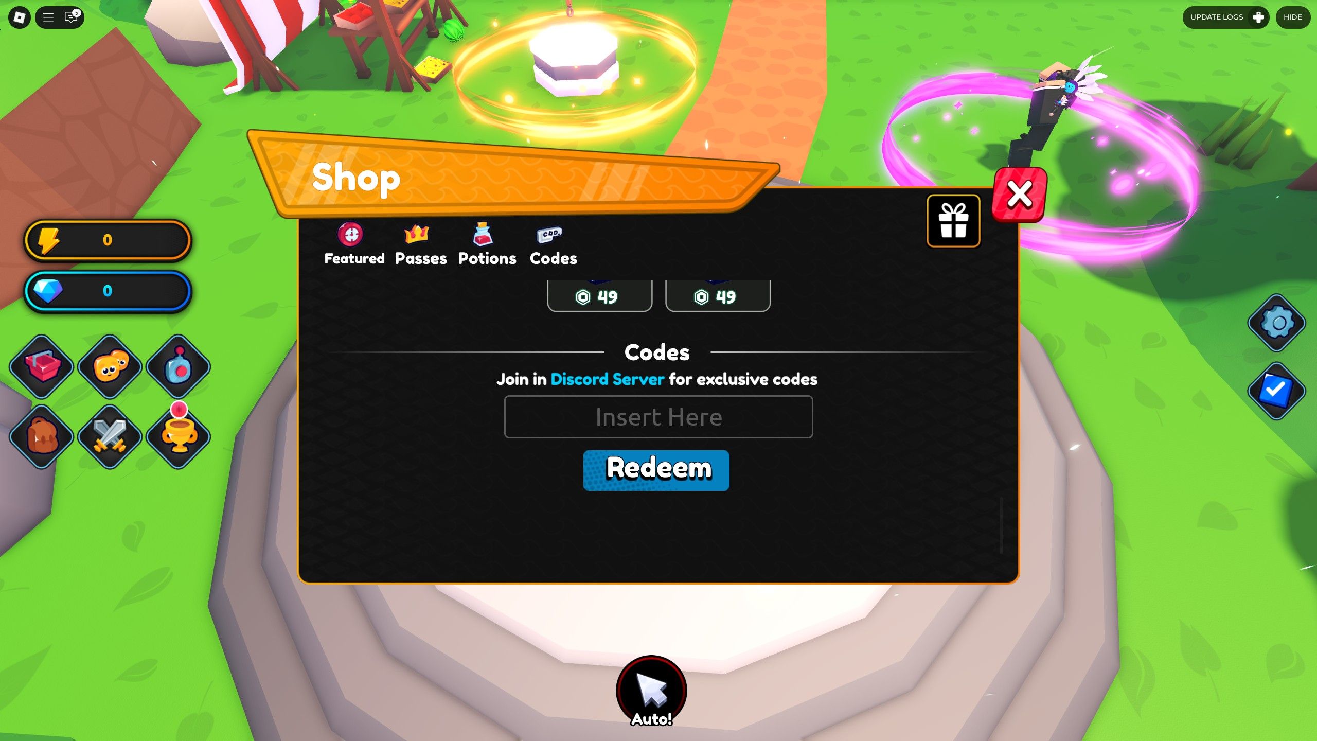 the codes box in Anime Waves X on Roblox 