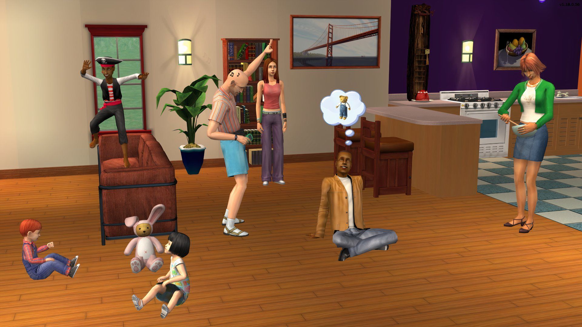 A family in a kitchen lounge in The Sims 2.
