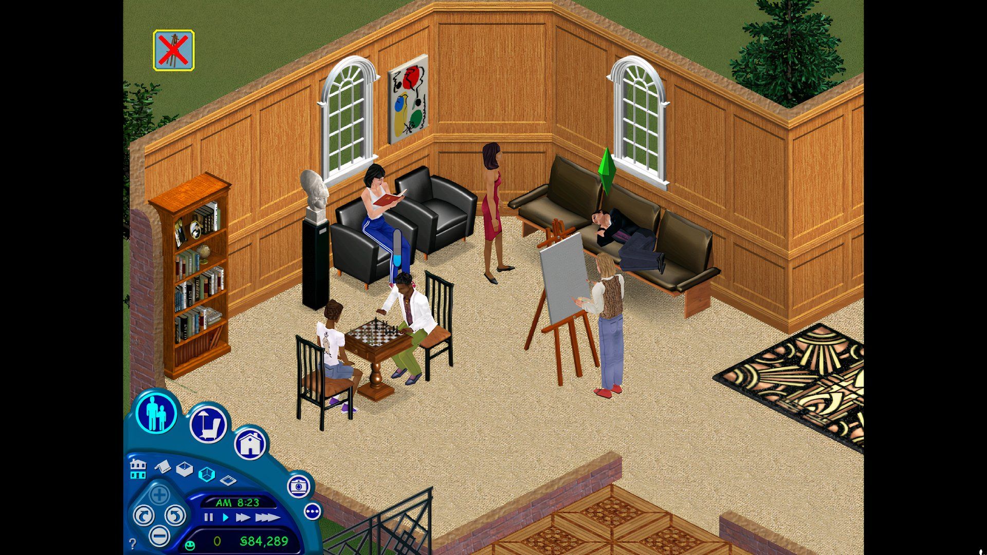 A group of sims doing hobbies in The Sims.