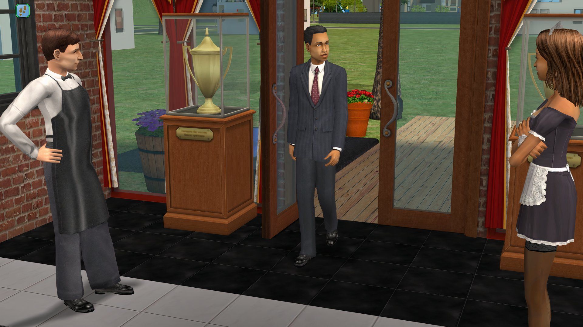 A Sim walking into a restaurant in The Sims 2.