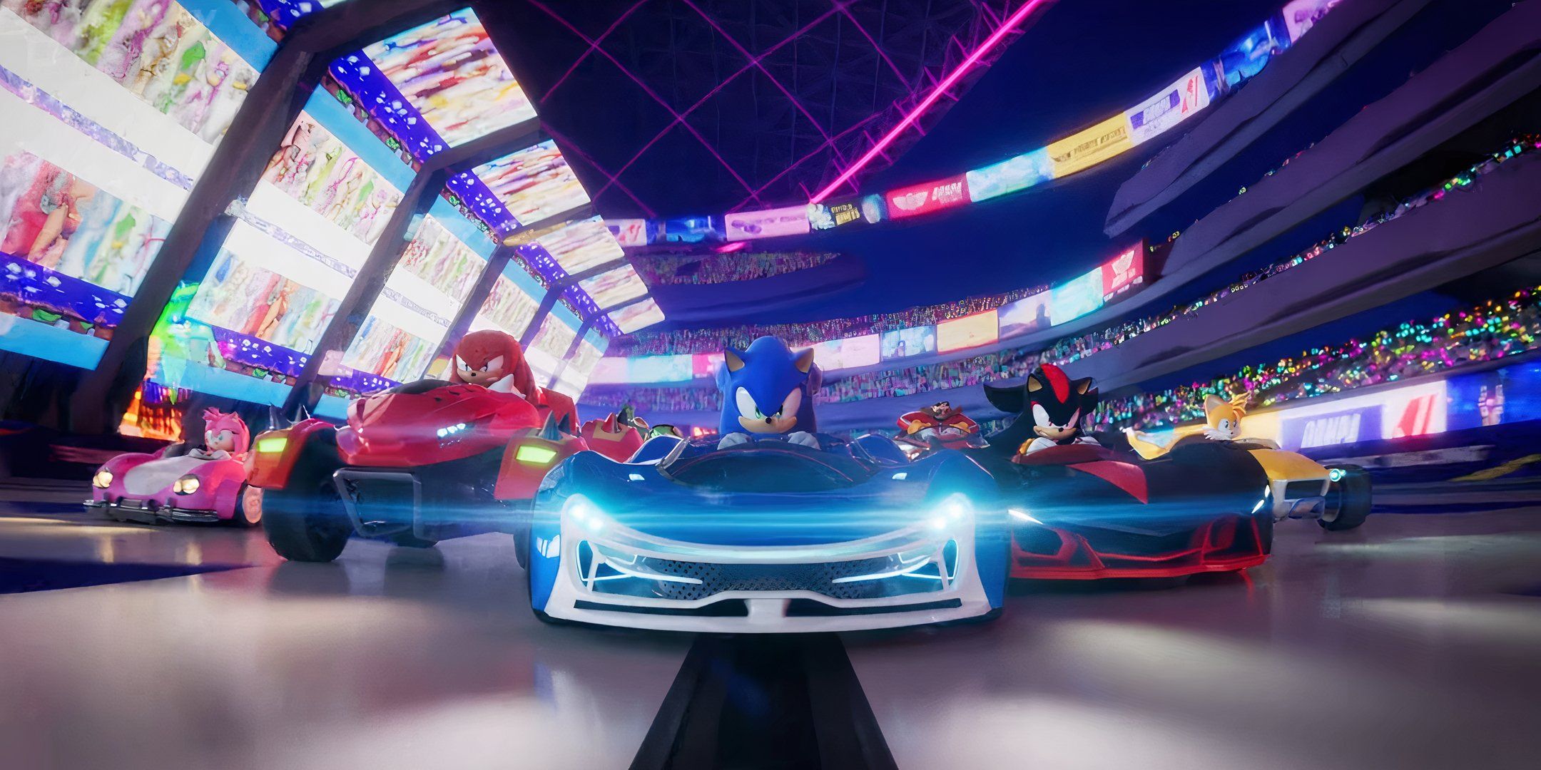 Various Sonic characters seen racing in Sonic Racing Crossworlds.