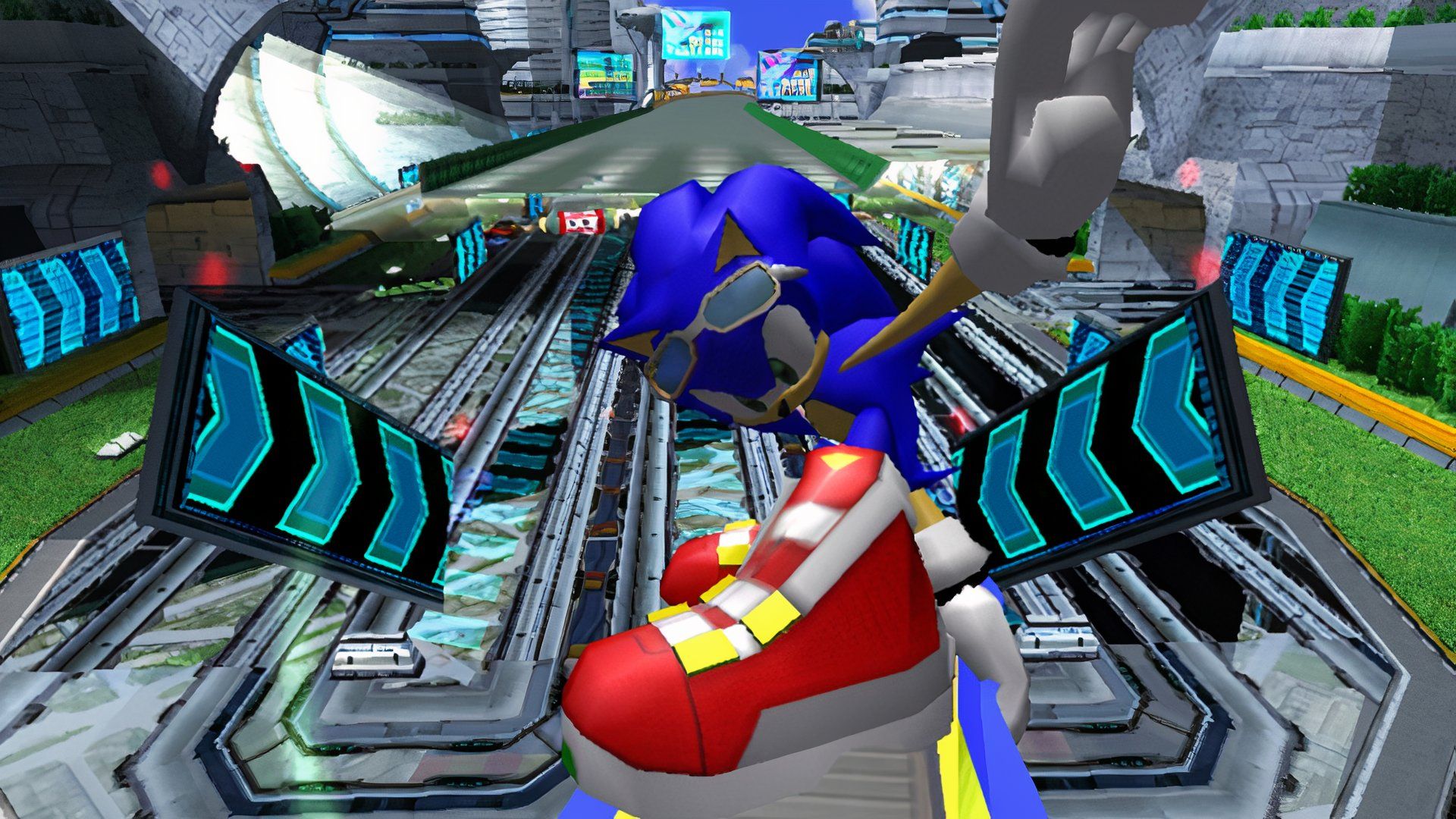 Sonic shows off his extreme gear in Sonic Riders.