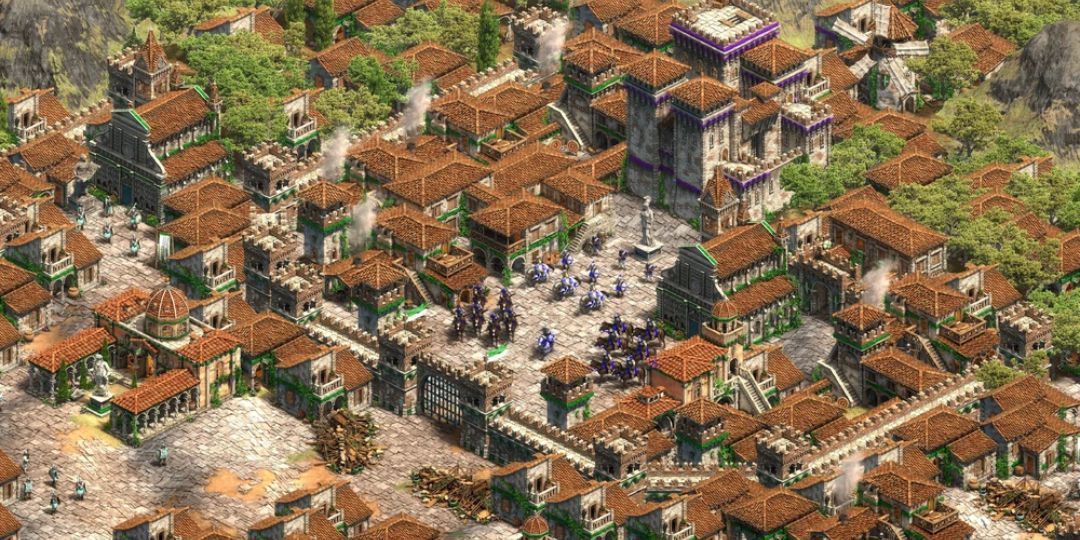 A Spanish style city is shown in Age of Empires 2.