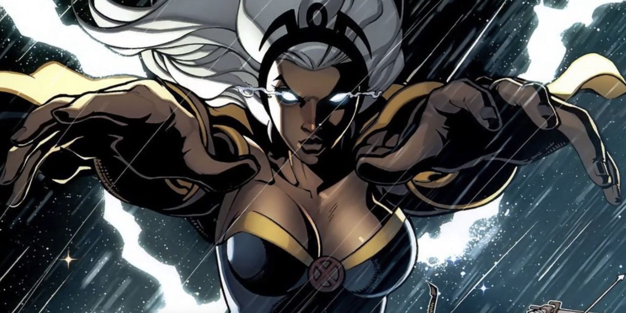 Storm raising her arms in the rain, ready to use her mutant powers to control the weather.