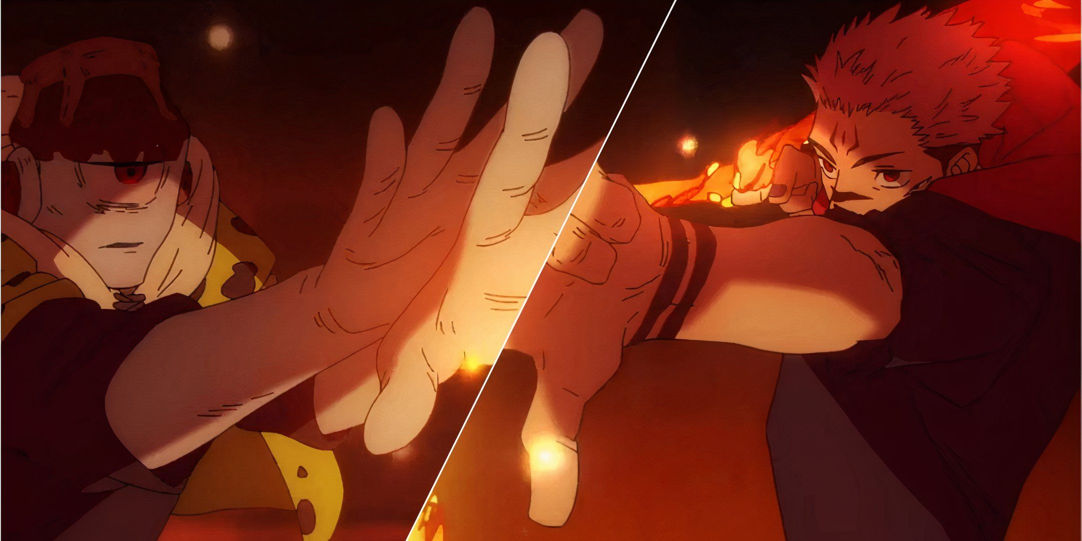 A collage Image Of Jogo And Sukuna In Their Fighting Poses in Jujutsu Kaisen.