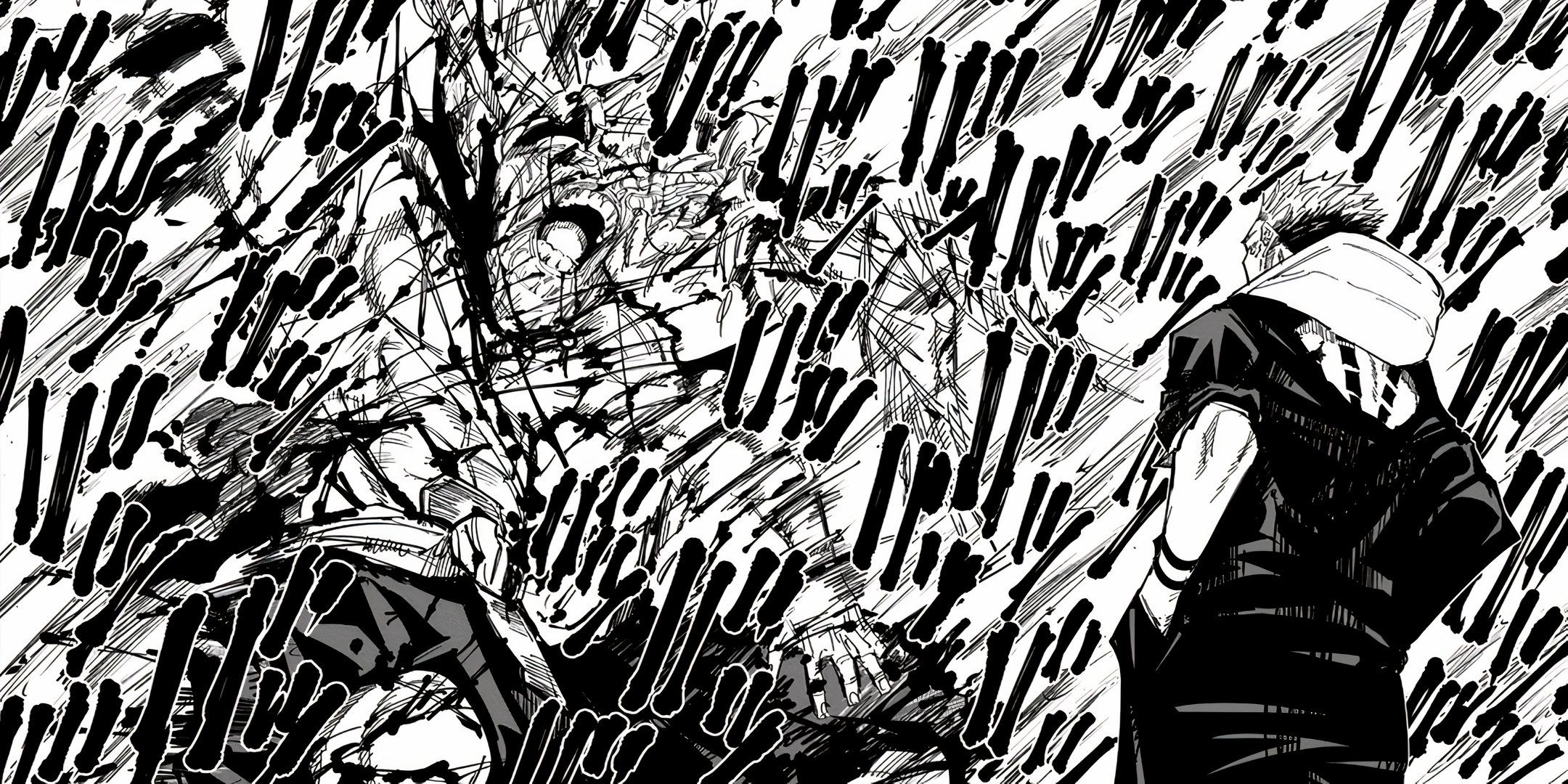 An Image of Sukuna Looking Carefreely At An Angry Mahoraga in Jujutsu Kaisen.