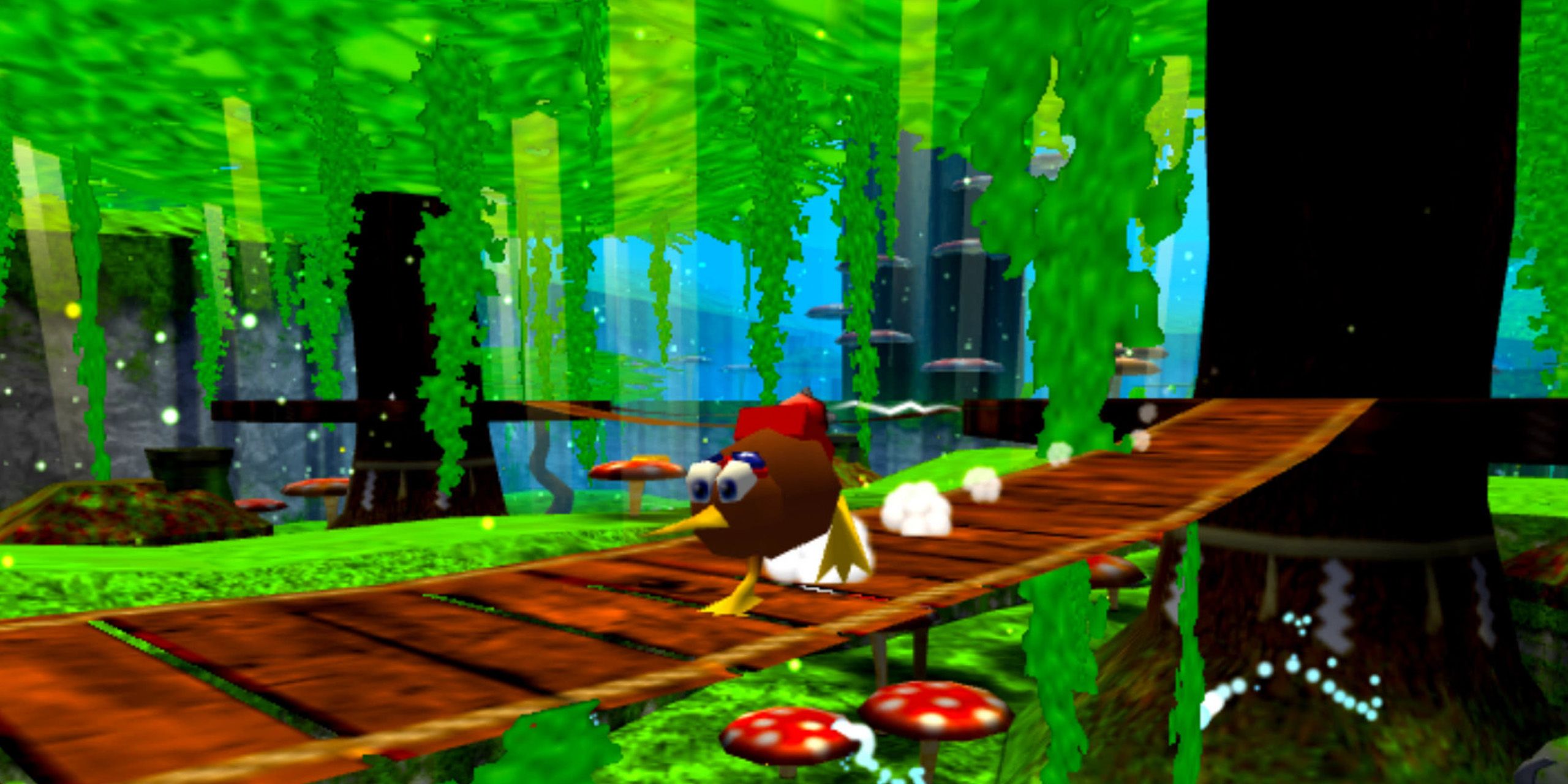 A screenshot from Super Kiwi 64, in which the kiwi bird runs across a bridge in a jungle.