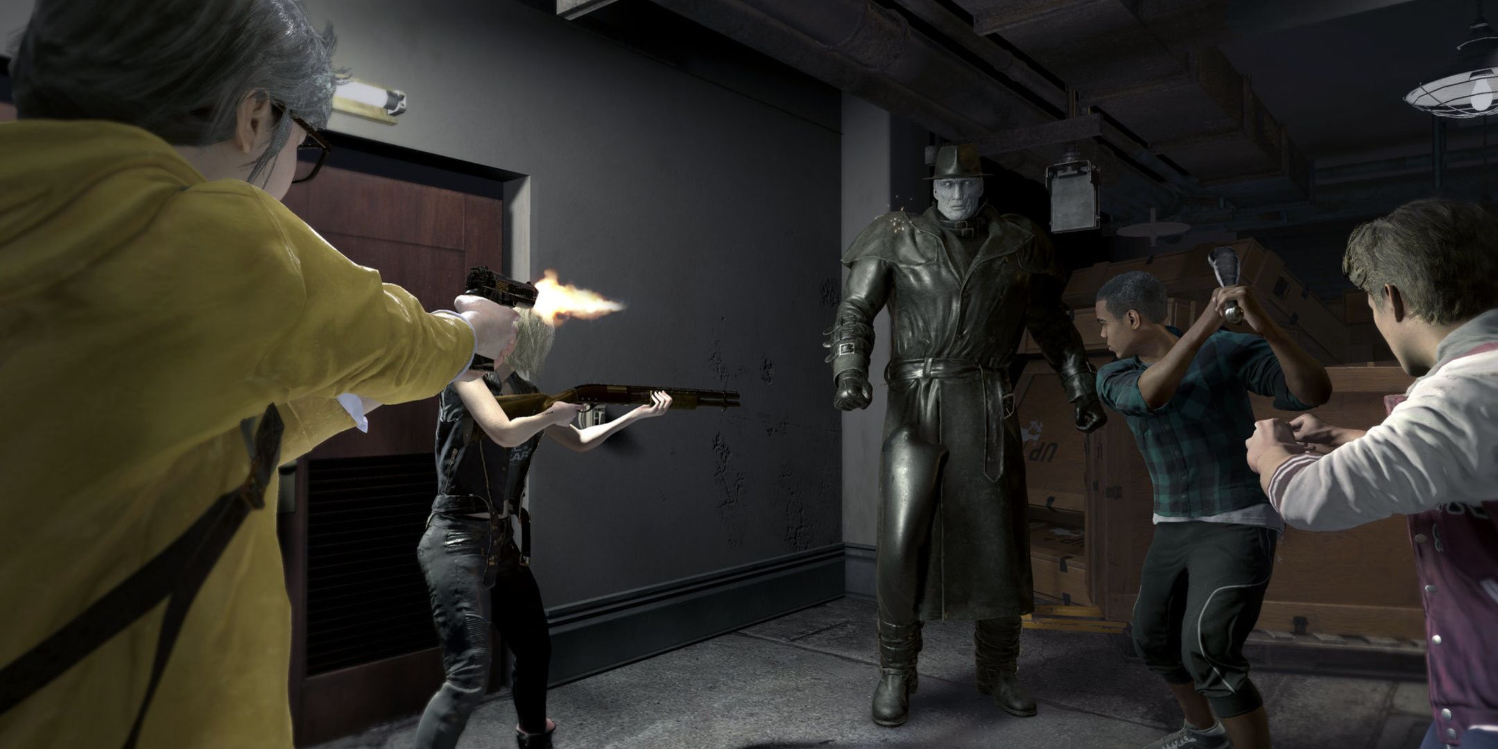 A promo image of teenagers fighting the Tyrant, Mr. X in Resident Evil Resistance.