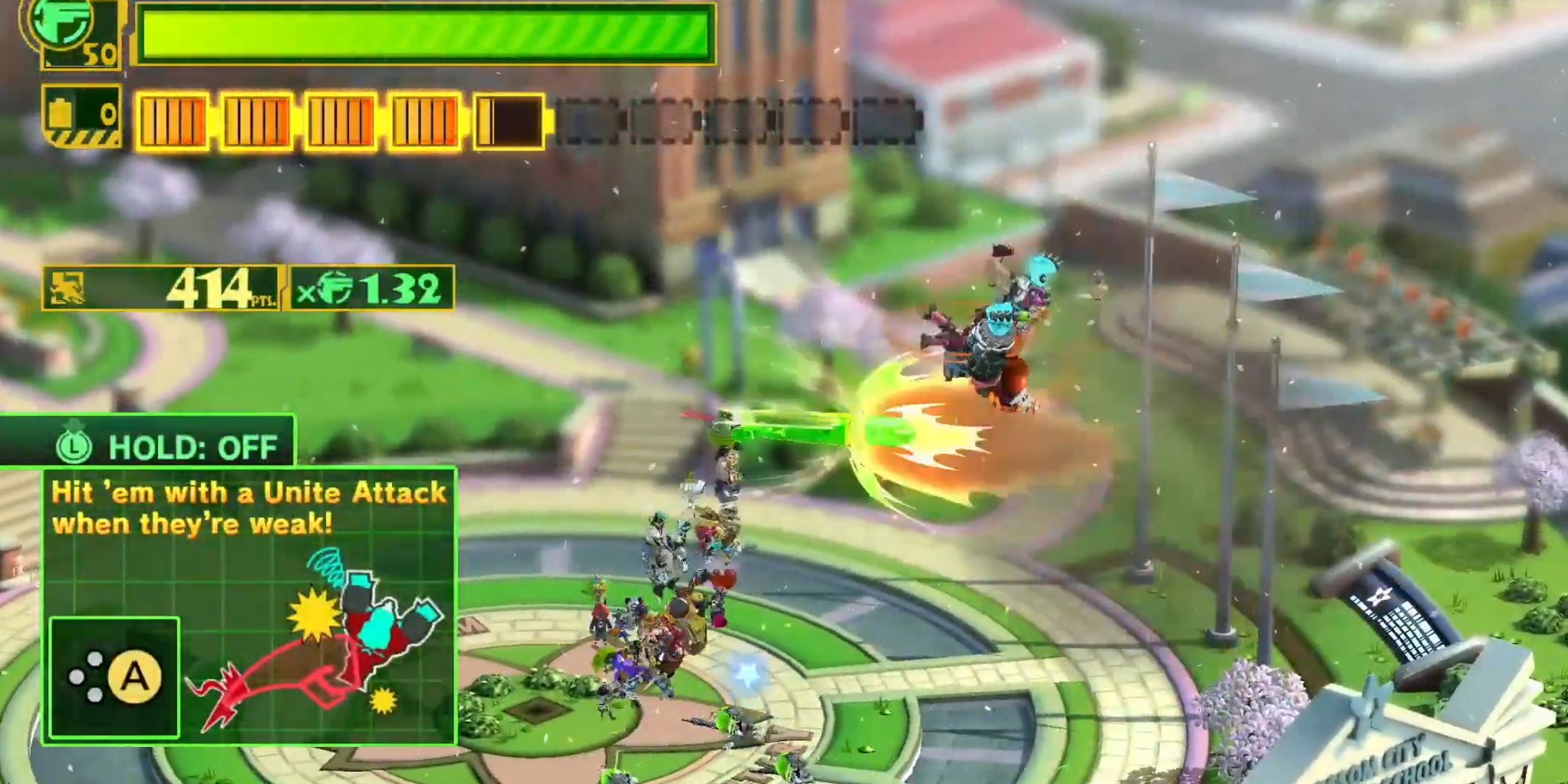 The Wonders attacking enemies during a tutorial mission in The Wonderful 101.