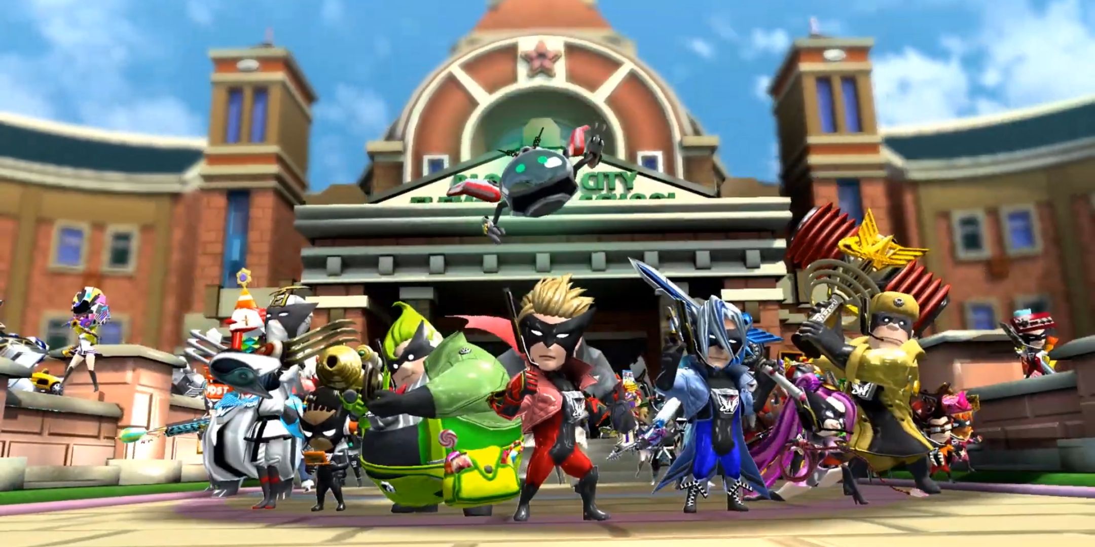 The Wonders gathered together in front of a building ready to fight in The Wonderful 101.