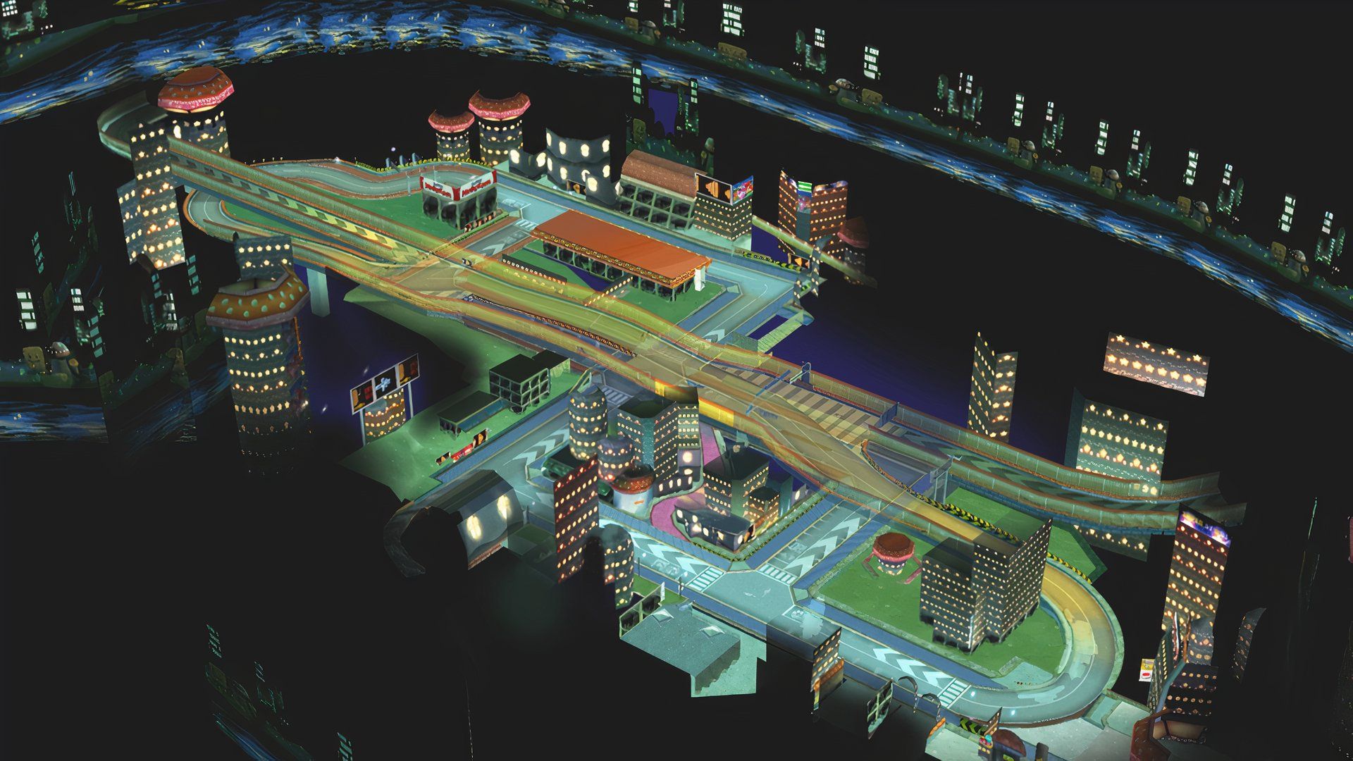 An aerial overview of Mushroom City in Mario Kart: Double Dash!