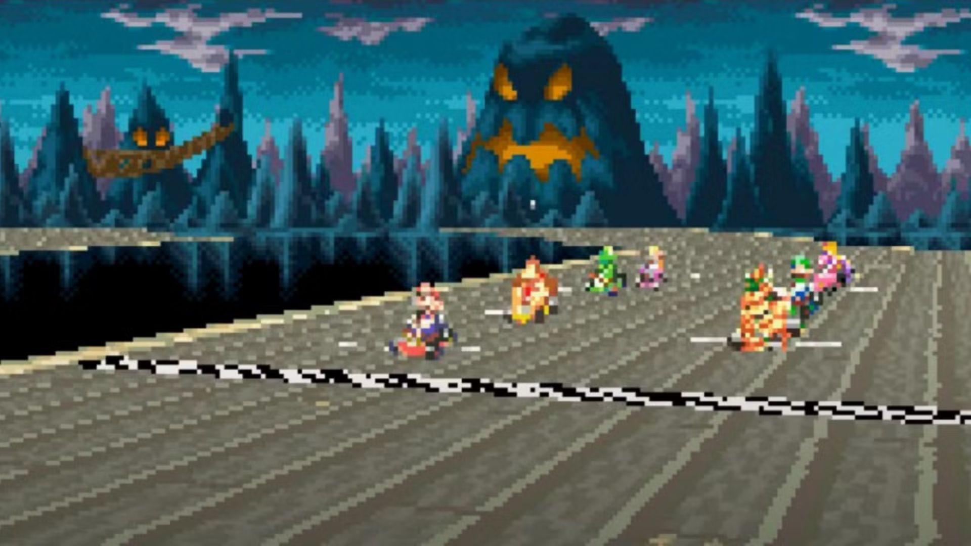 Mario Kart characters racing on Broken Pier in Mario Kart: Super Circuit.