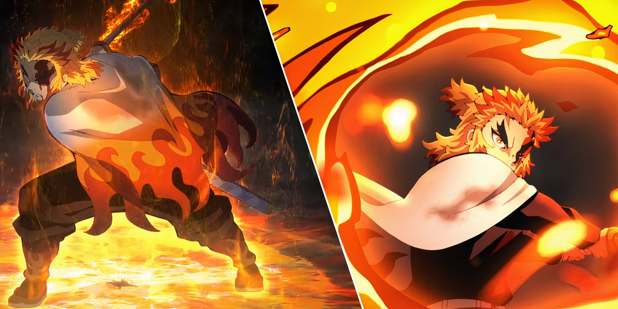 Rengoku using Flame Breathing against Akaza.