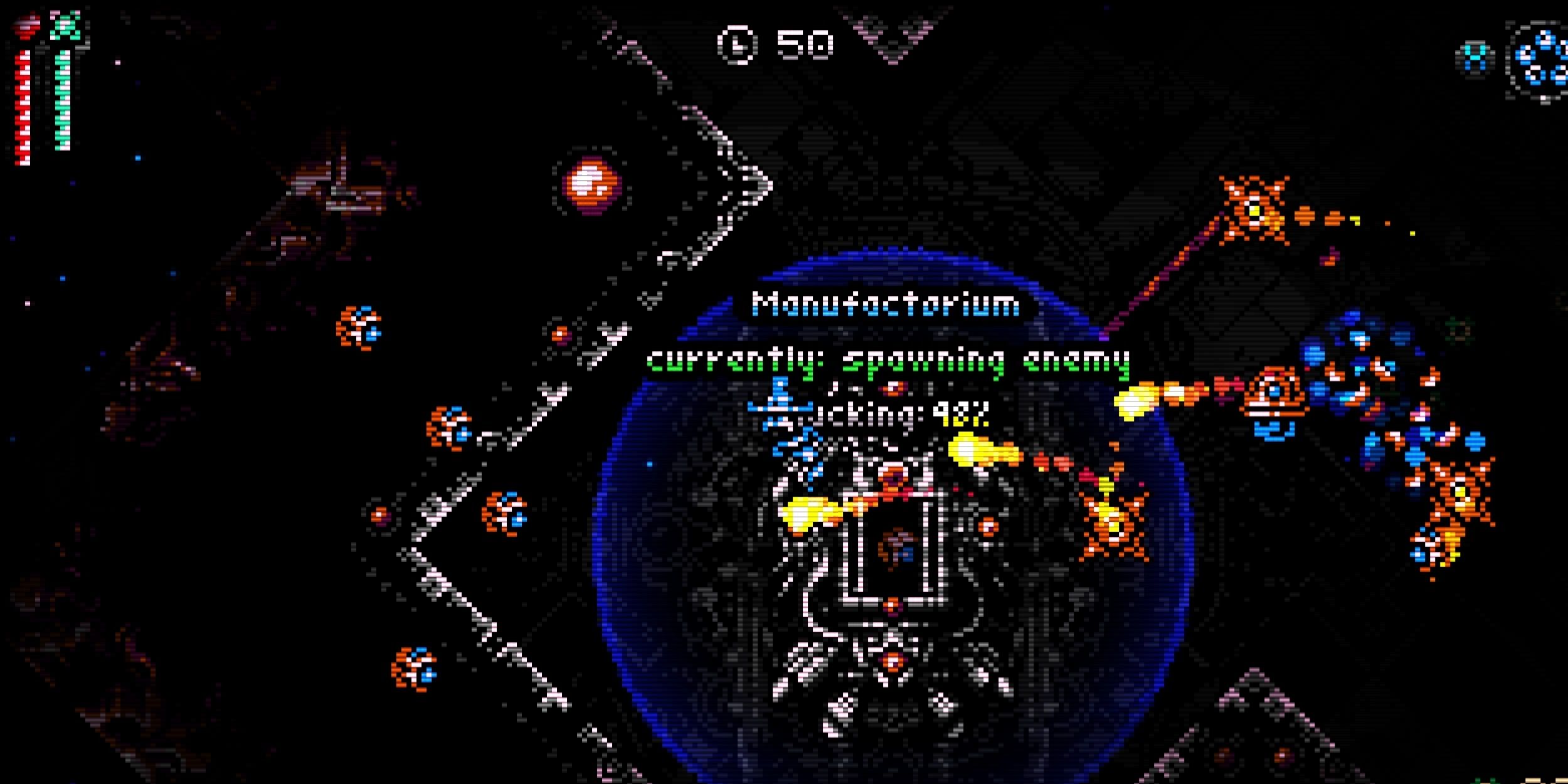 A big machine in space, where a blue robot (the player) is in the middle of a blue circle with enemies closing in, in Voids Vigil.