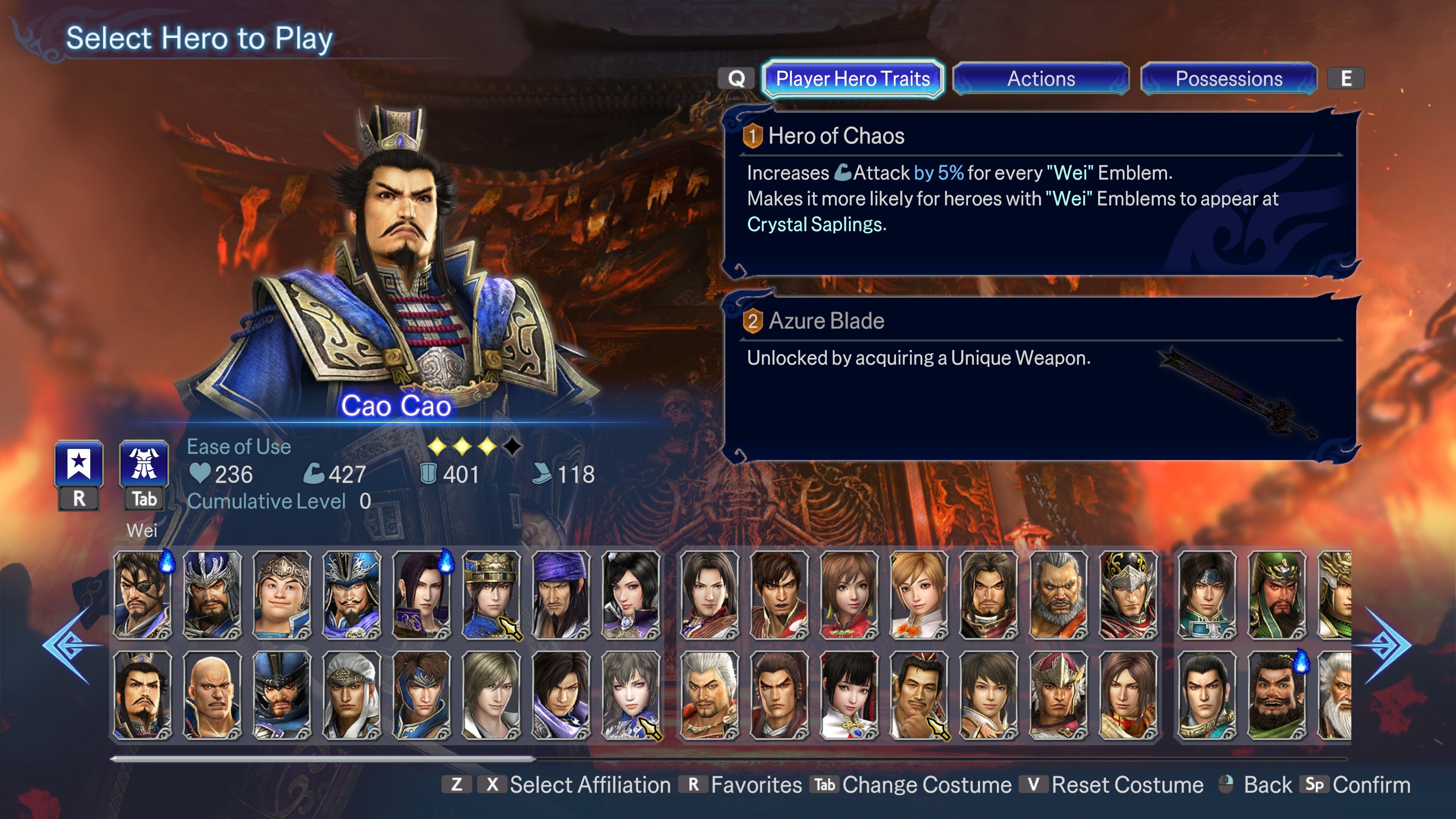 An overview of Cao Cao in Warriors: Abyss.