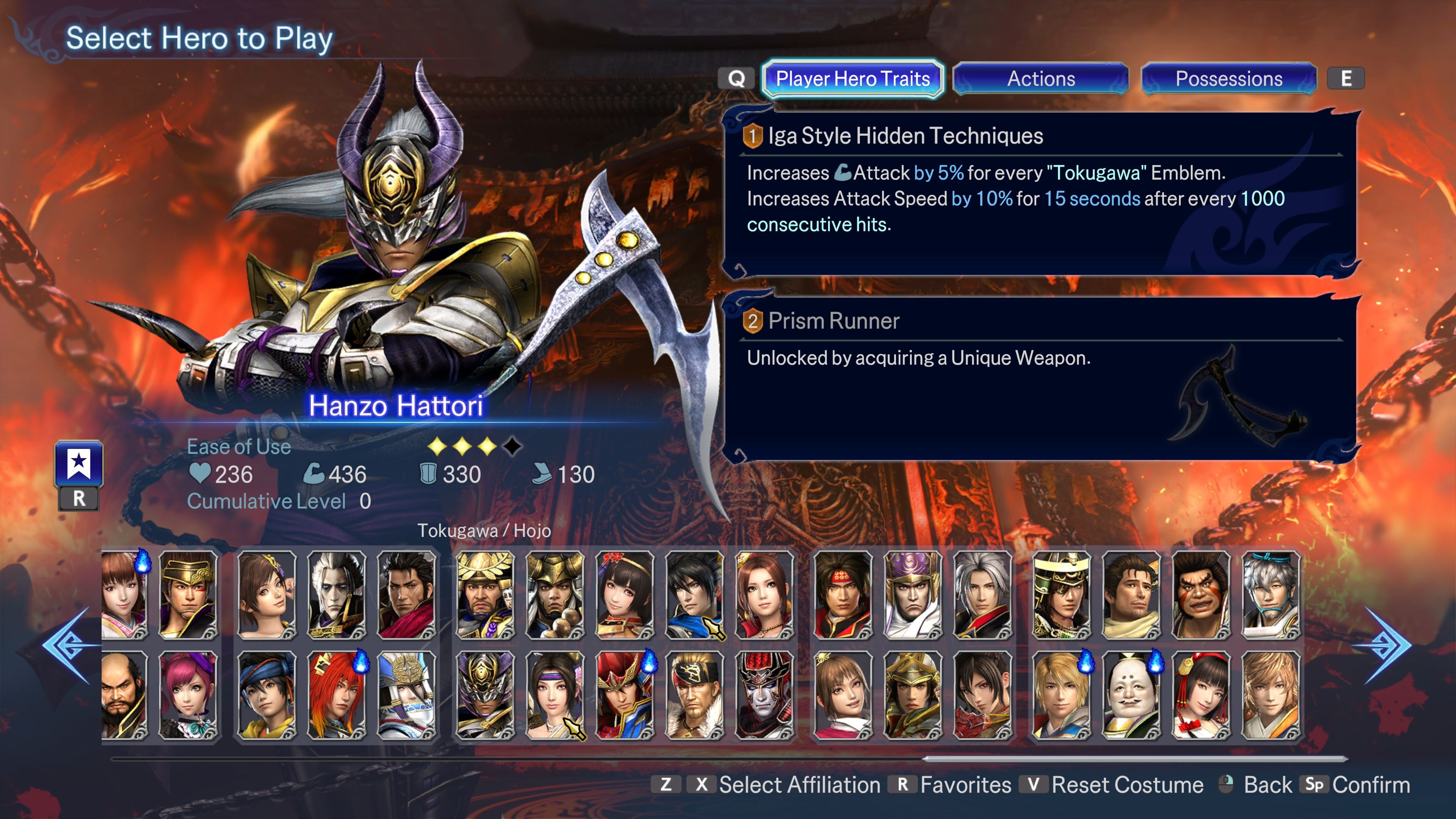 An overview of Hanzo Hattori in Warriors: Abyss.
