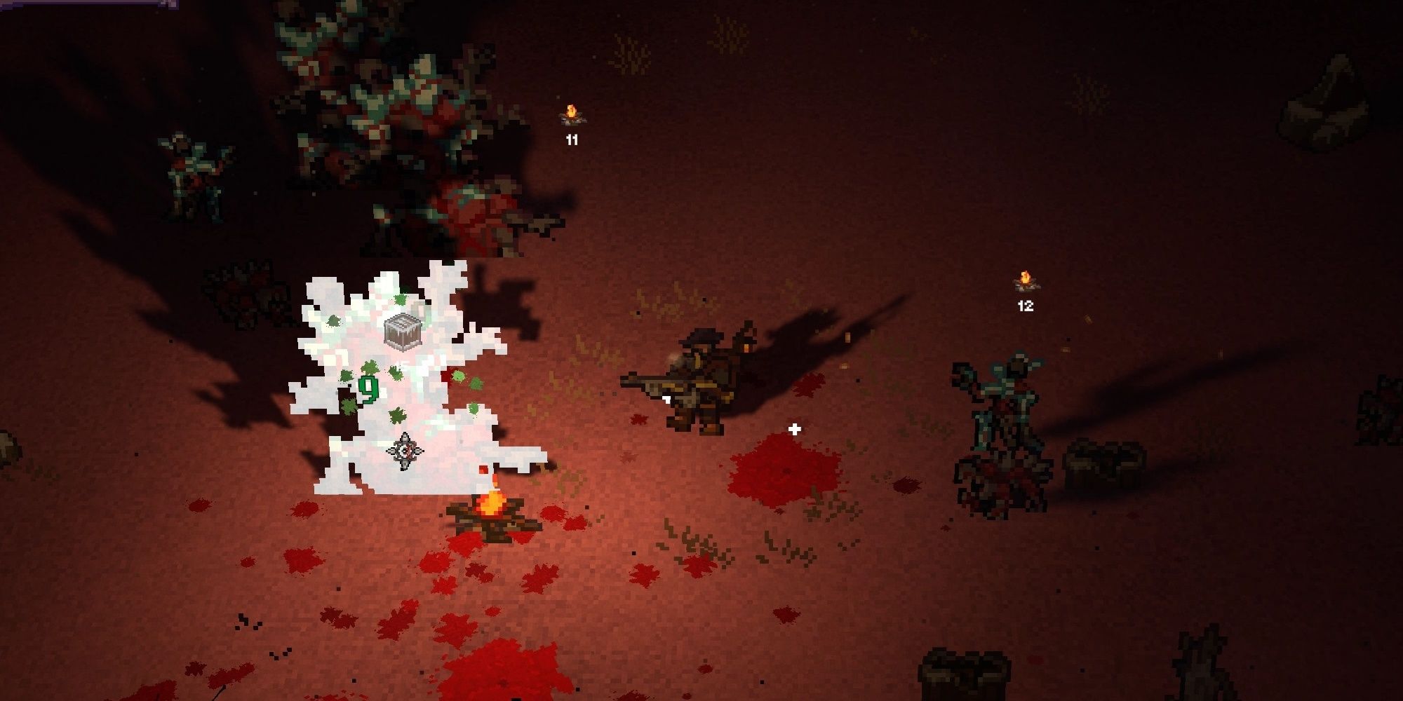 A soldier in a red snowfield, lit by a bonfire and flanekd by monsters. One of them flickers from being hit.