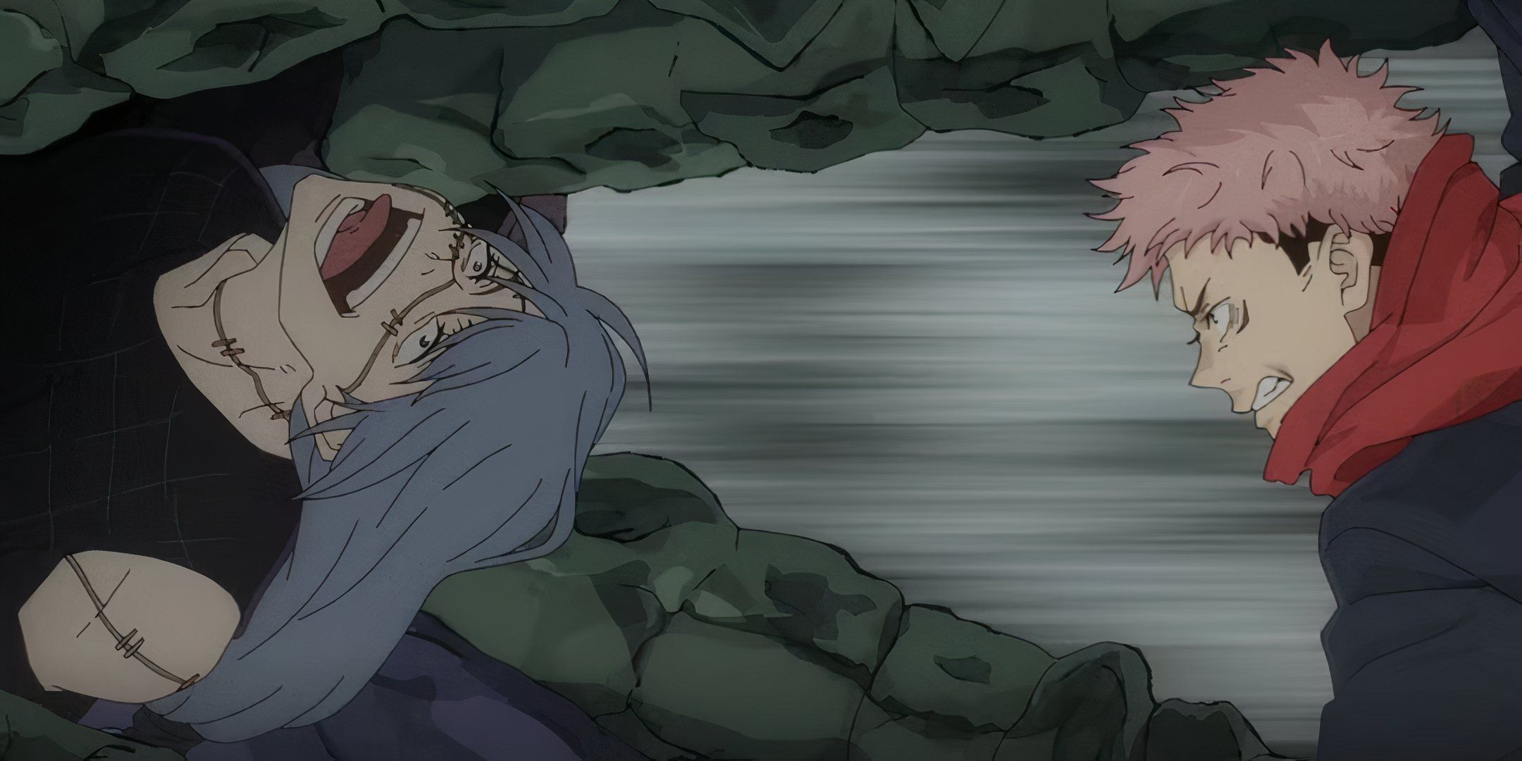 Yuji Chasing Mahito During A Battle in Jujutsu Kaisen.