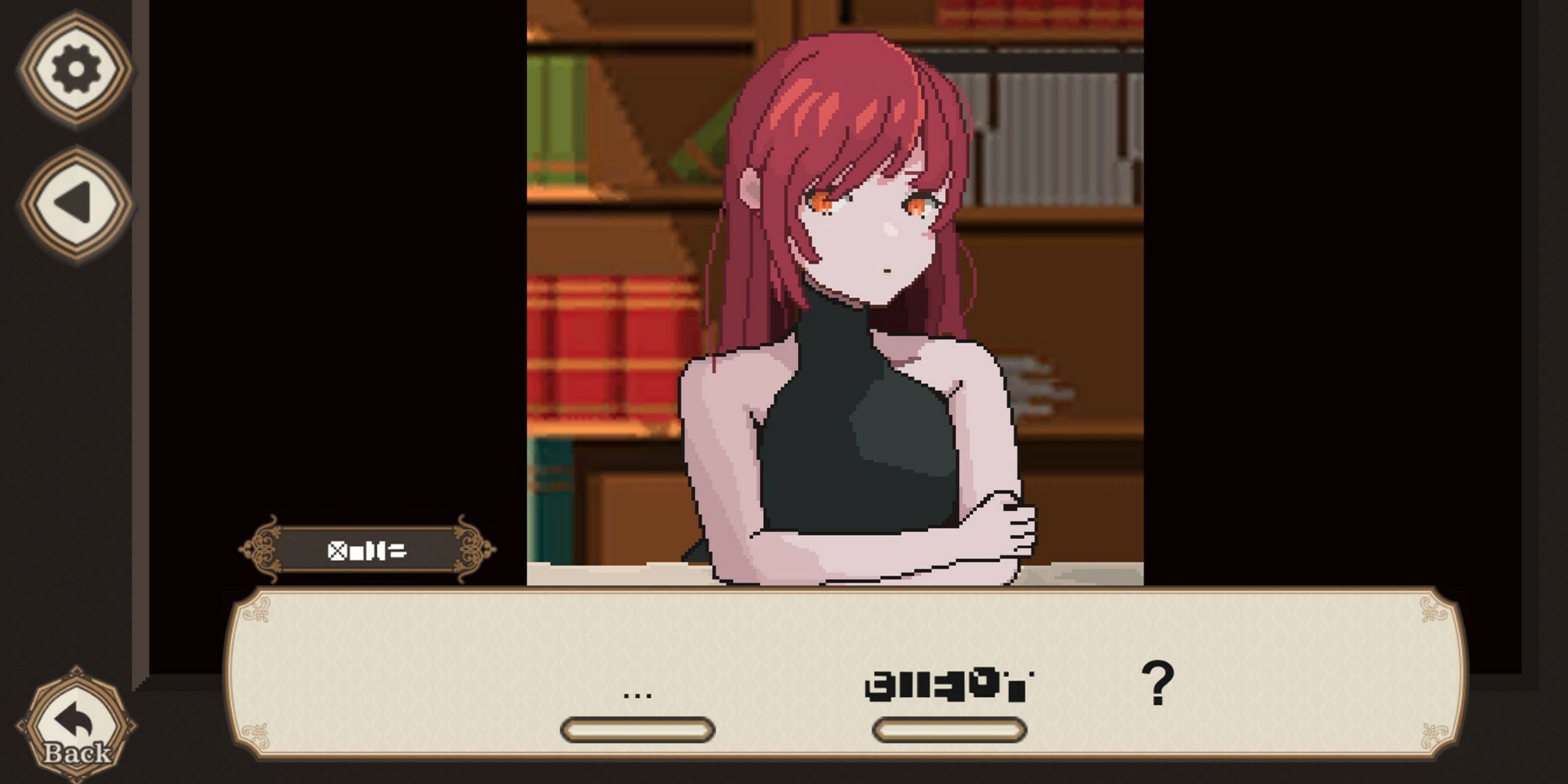 A red haired woman sitting in front of a bookshelf in 7 Days to End with You.