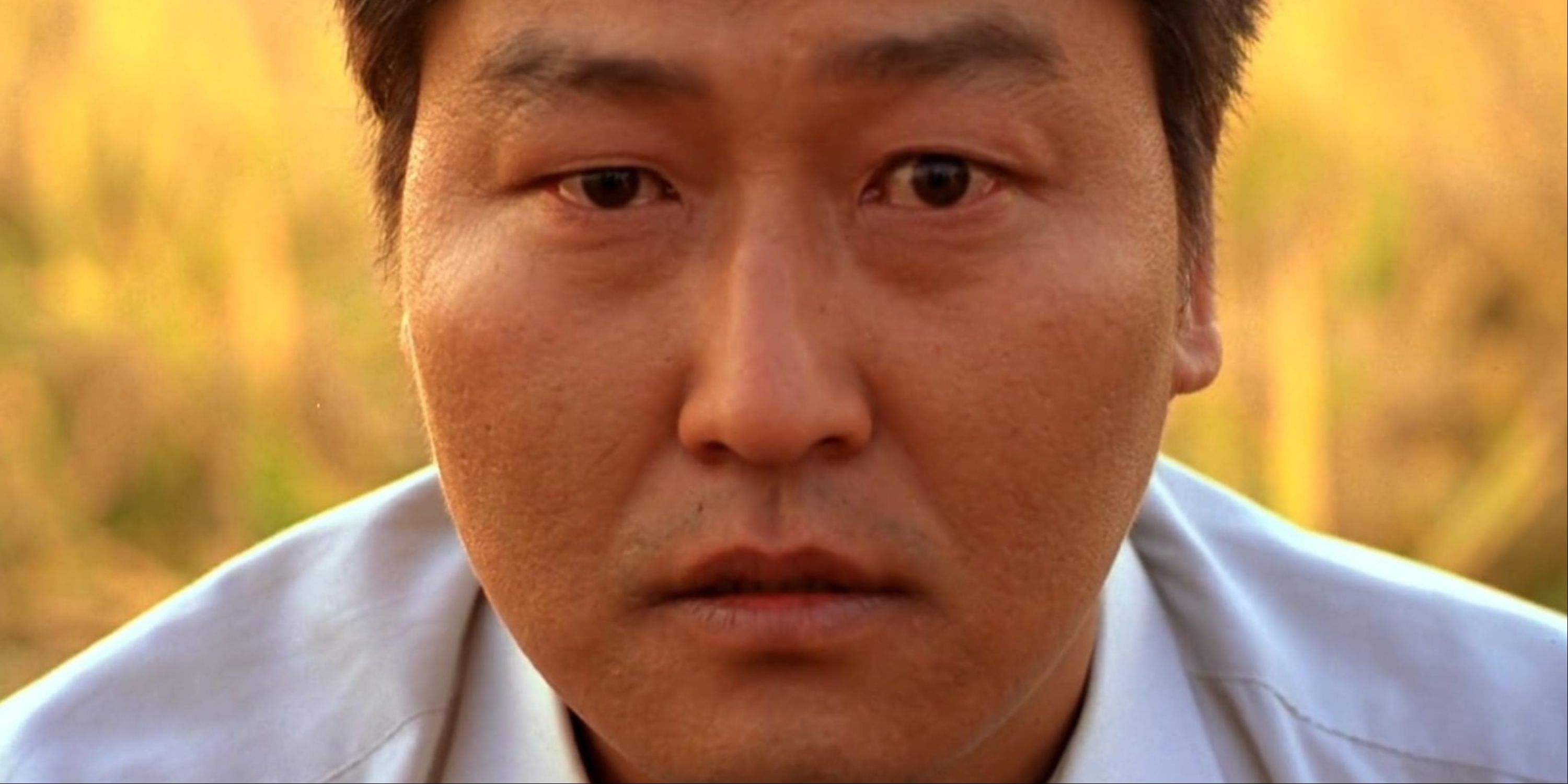 A close-up of Song Kang-ho's character, Park, staring into the camera breaking the fourth wall at the end of Bong Joon Ho's Memories of Murder.