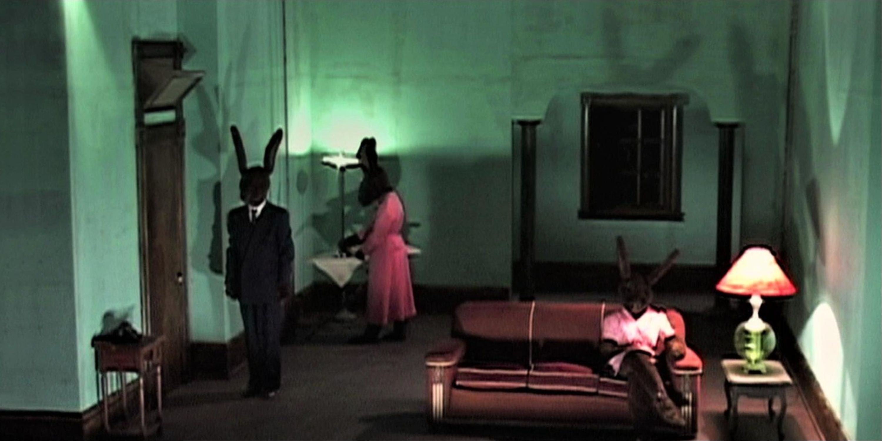 A close-up of the living room featuring the anthropomorphic rabbits in David Lynch's Inland Empire.