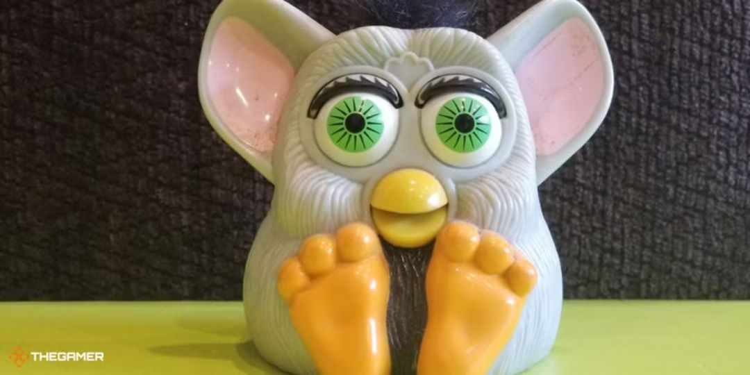 A Fur-Baby toy stares into the camera.