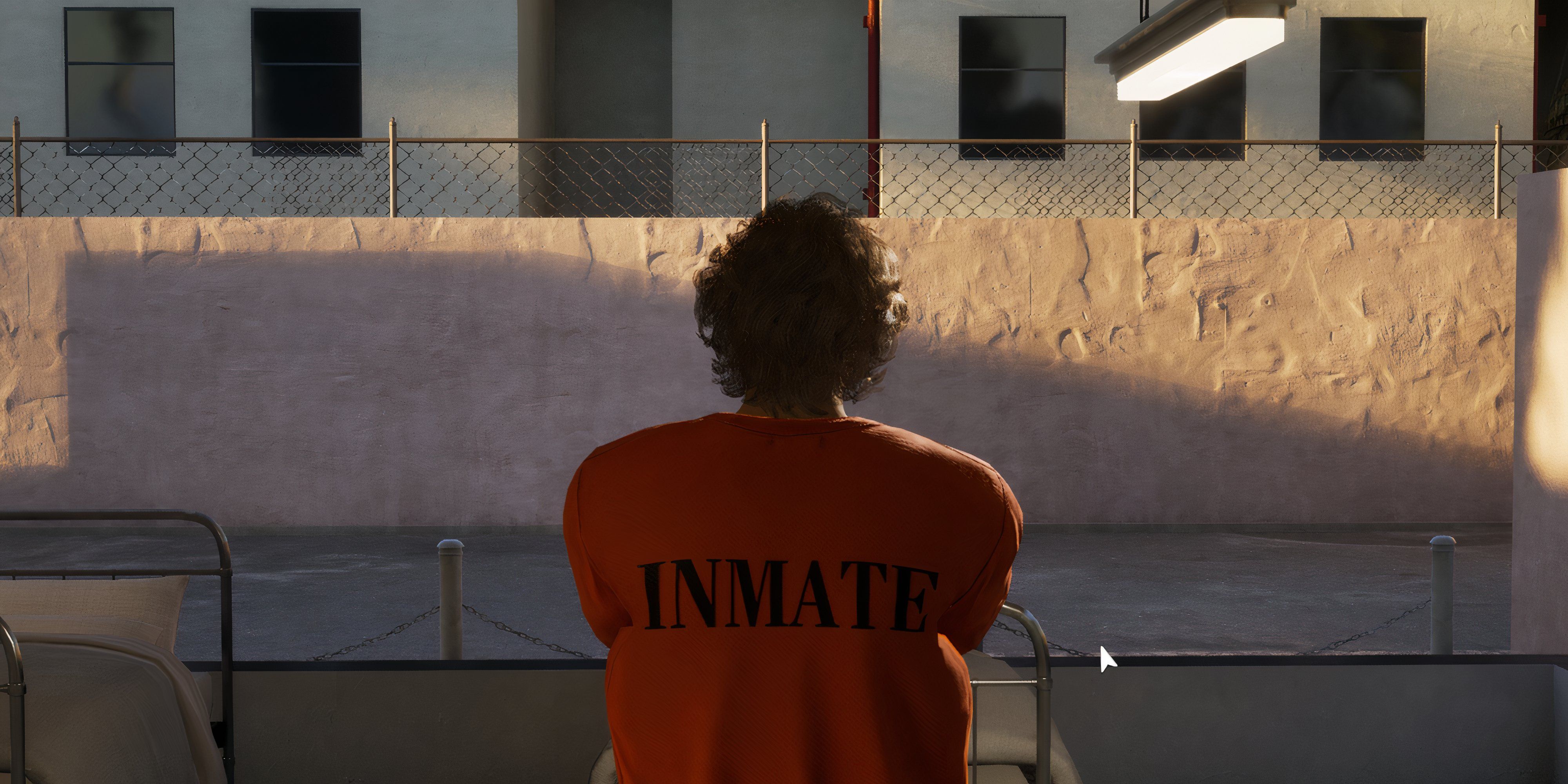 A picture of Zoi Medo from the back wearing the orange jail jumpsuit that says inmate - inzoi