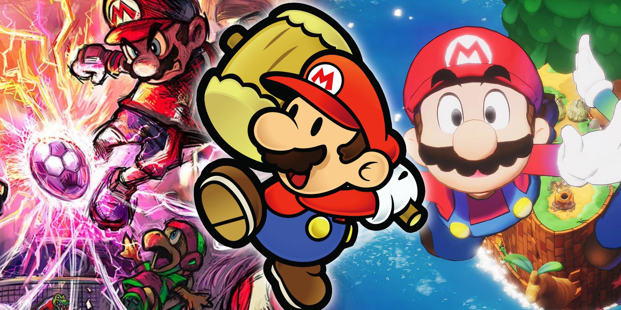 A split image of artwork from Mario Strikers Charged and a screenshot from Mario & Luigi: Brothership with Mario from Paper Mario over top.
