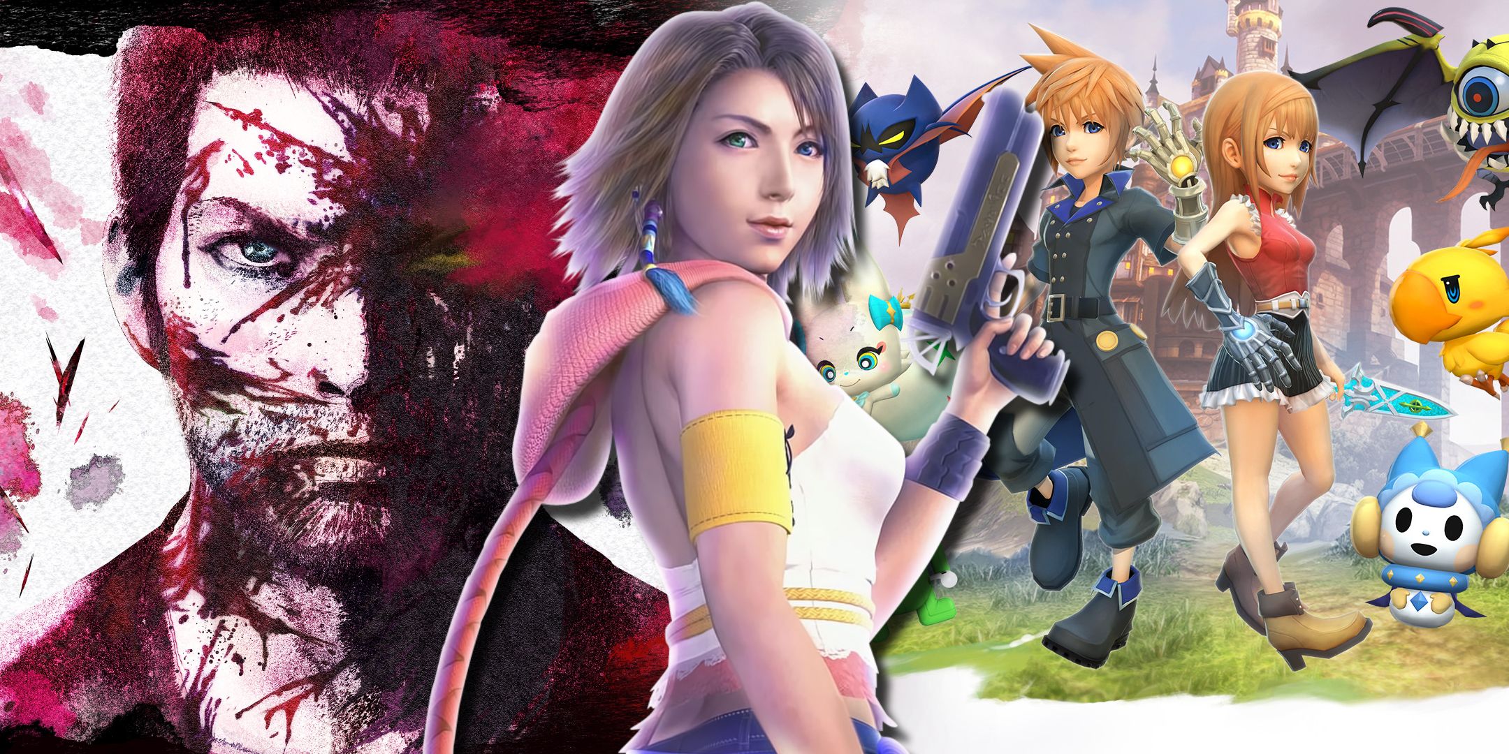 A split image of artwork from Stranger of Paradise: Final Fantasy Origin and World of Final Fantasy with Yuna from Final Fantasy 10-2 over top.