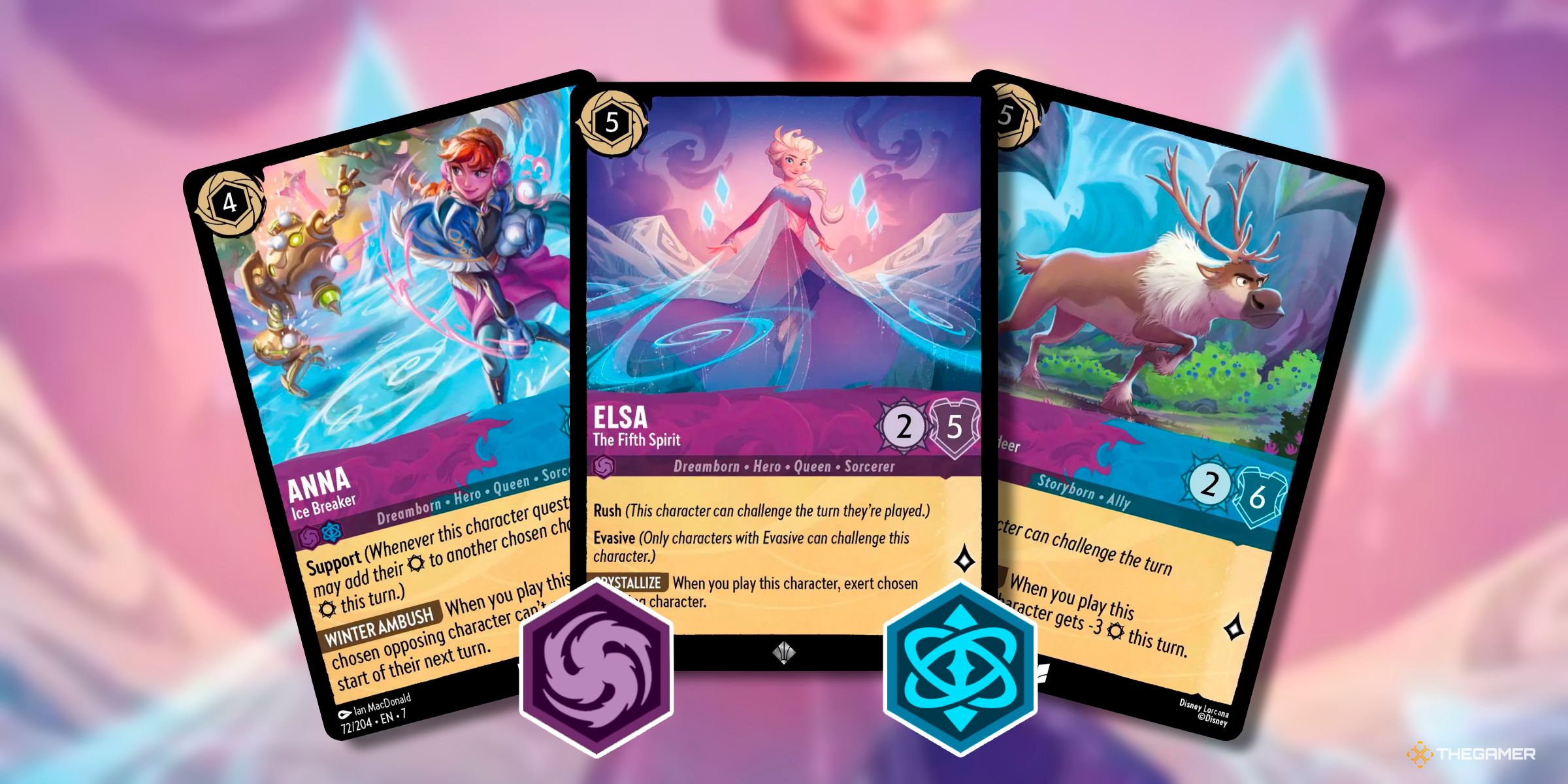 Anna - Ice Breaker, Elsa - The Fifth Spirit, And Sven - Keen-Eyed Reindeer Cards From Various Sets Of Disney Lorcana.