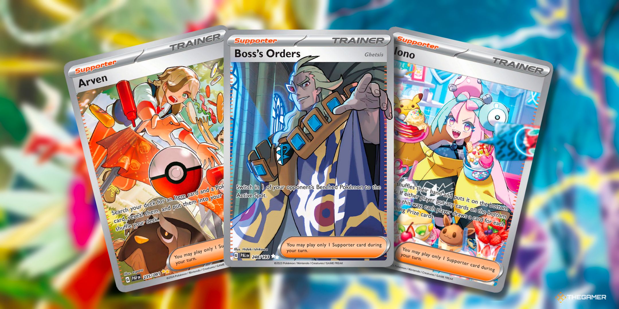 Arven (Special Illustration Rare 235 Paldean Fates) Boss's Orders (Ultra Rare 248 Paldea Evolved) And Iono (Special Illustration Rare 269 Paldea Evolved) Supporter Cards From The Scarlet & Violet Era Of The Pokemon TCG.