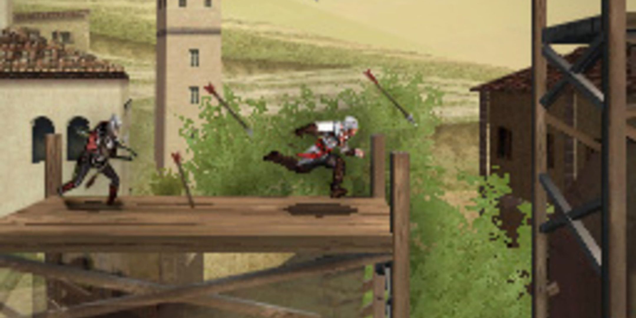 Assassin's Creed 2 Discovery screenshot of Ezio running away from a guard and arrows.