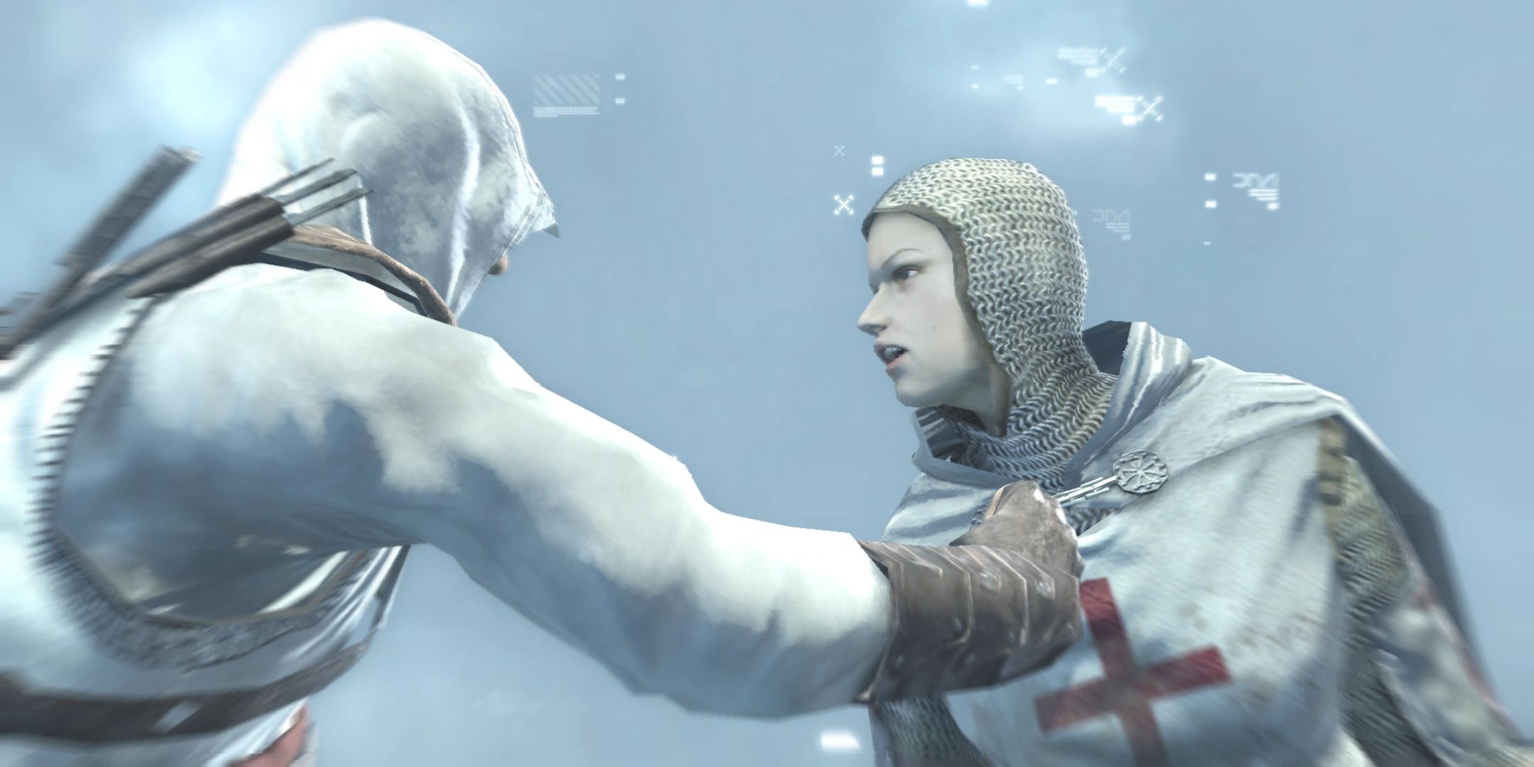 Assassin's Creed screenshot of Altair holding onto Maria.