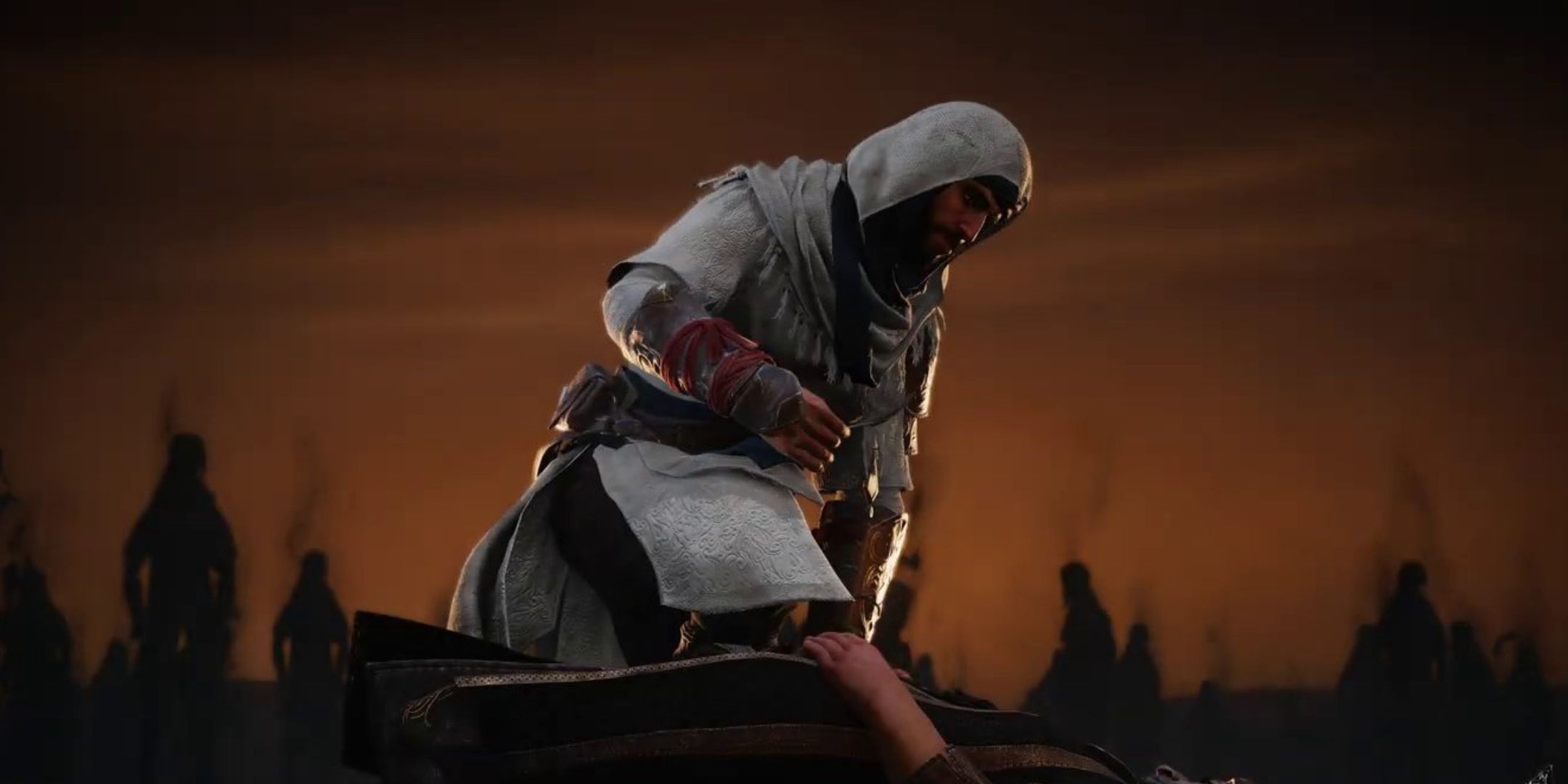 Assassin's Creed Mirage screenshot of Basim looking down at someone in the memory corridor.