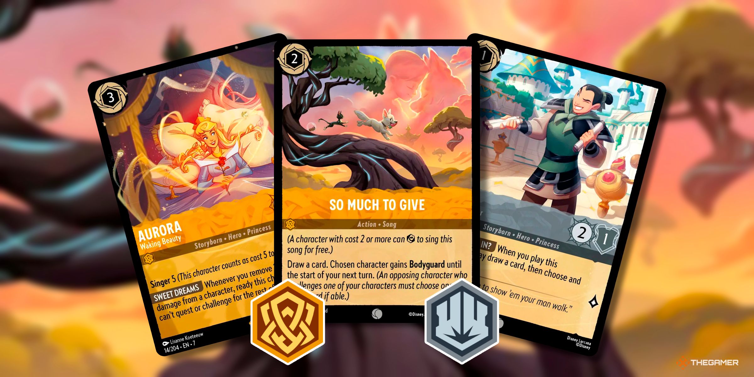 Aurora - Waking Beauty, So Much To Give, And Mulan - Disguised Soldier Cards From The Set Archazia's Island Of Disney Lorcana.