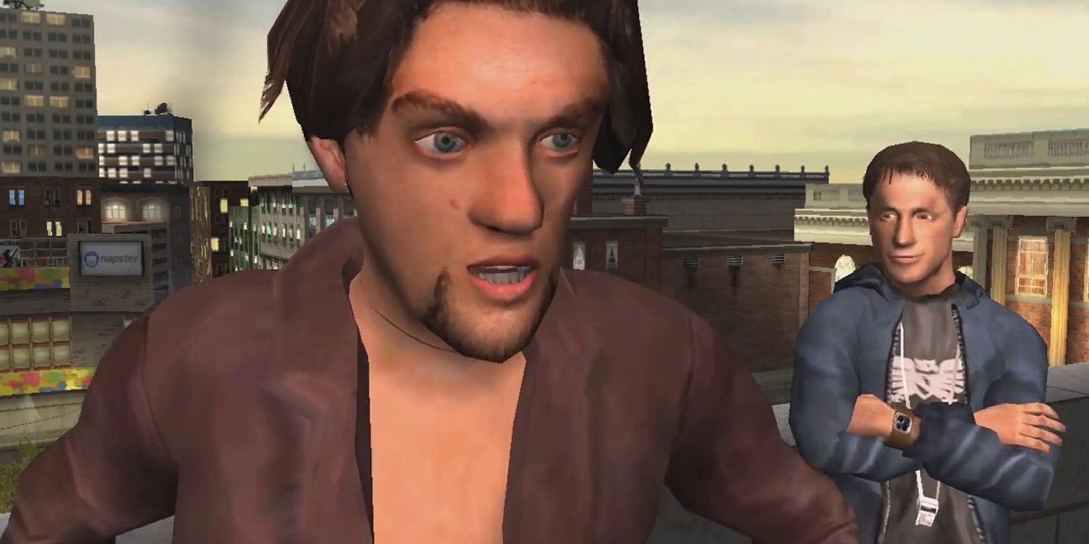 Bam Margera in Tony Hawk's Pro Skater on a rooftop.